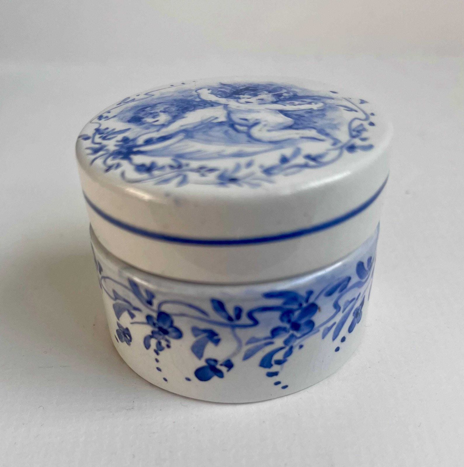 photo for sale Vintage Rouen Style Blue & White Cherub Trinket Box – Hand Painted French Faience Pot / Putti Lidded Jewellery Box