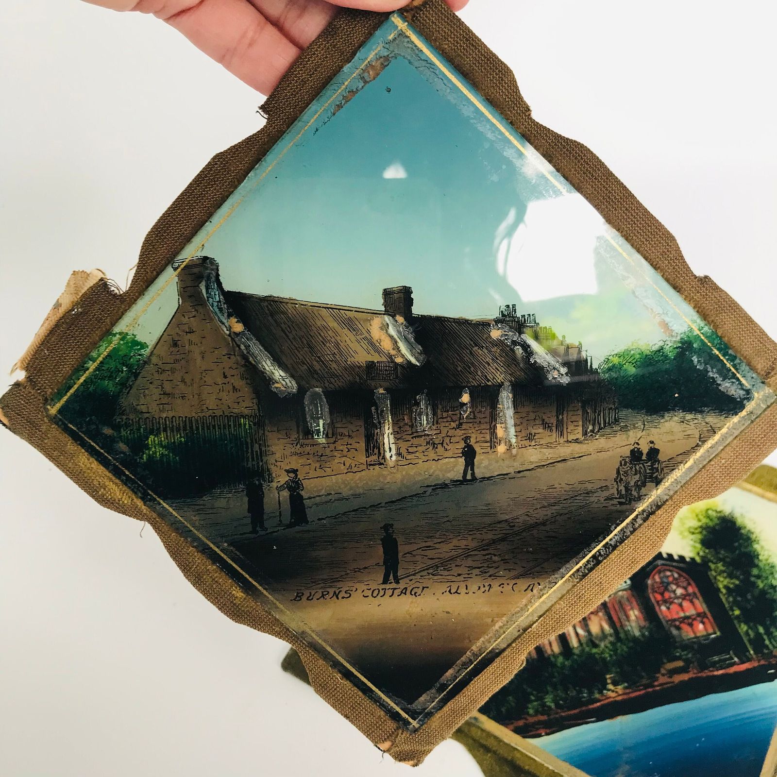 Pair Of Antique Reverse Glass Paintings: Burns Cottage & Alloway Church, Scotland