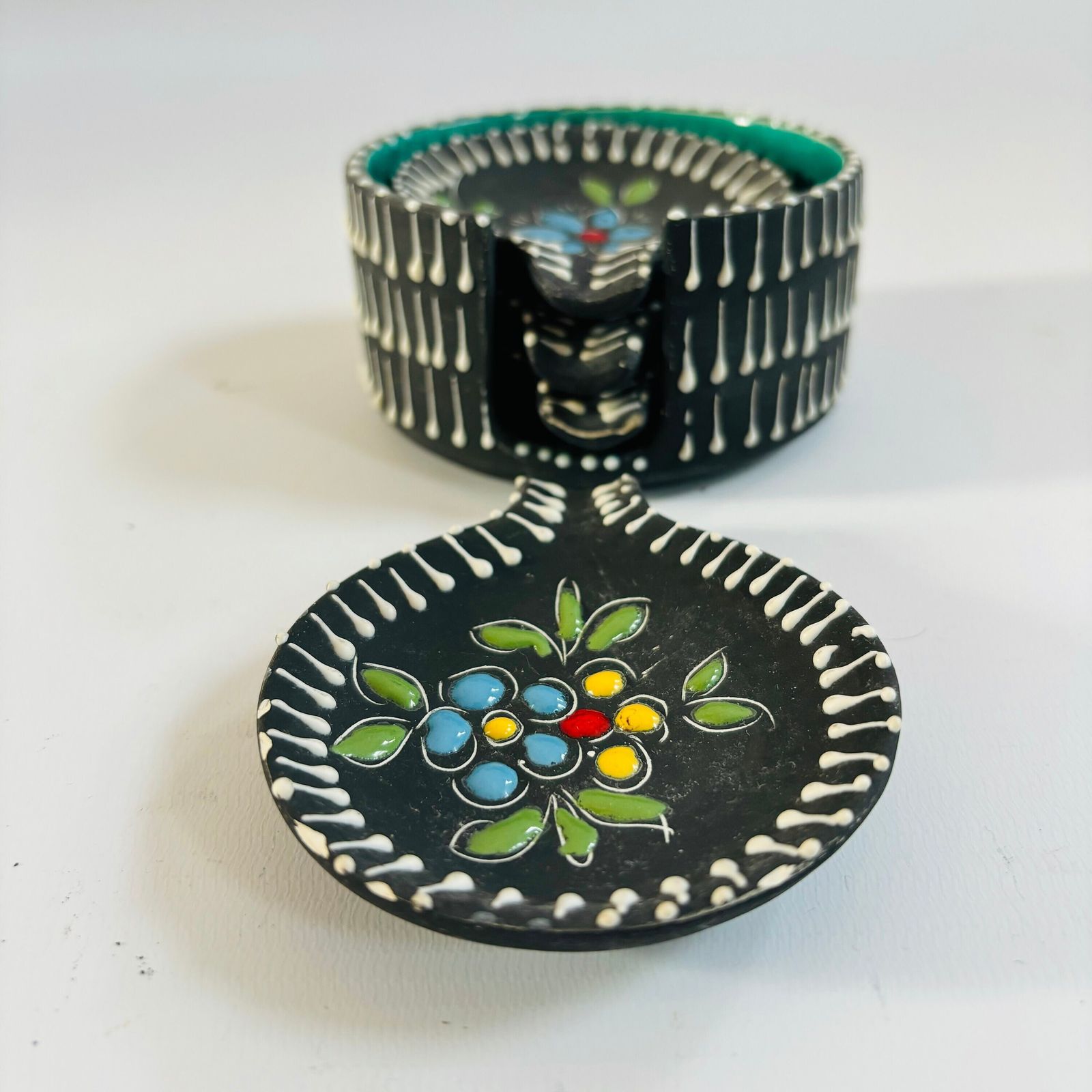 Mcm San Marino Ceramic Ashtray Set: Turquoise Glaze, Embossed Floral Dishes photo 60.0