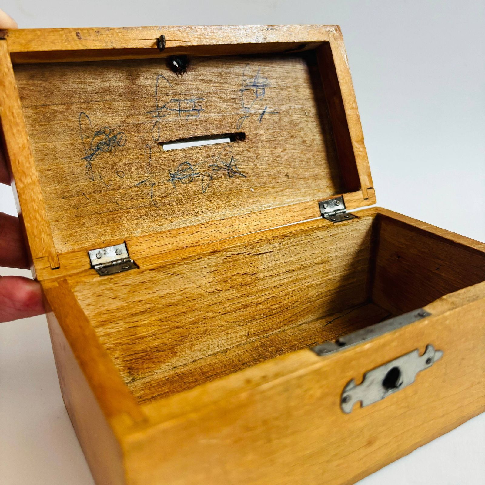 photo furniture Antique 1920s Elm Wood Coin Box: British Display Keepsake