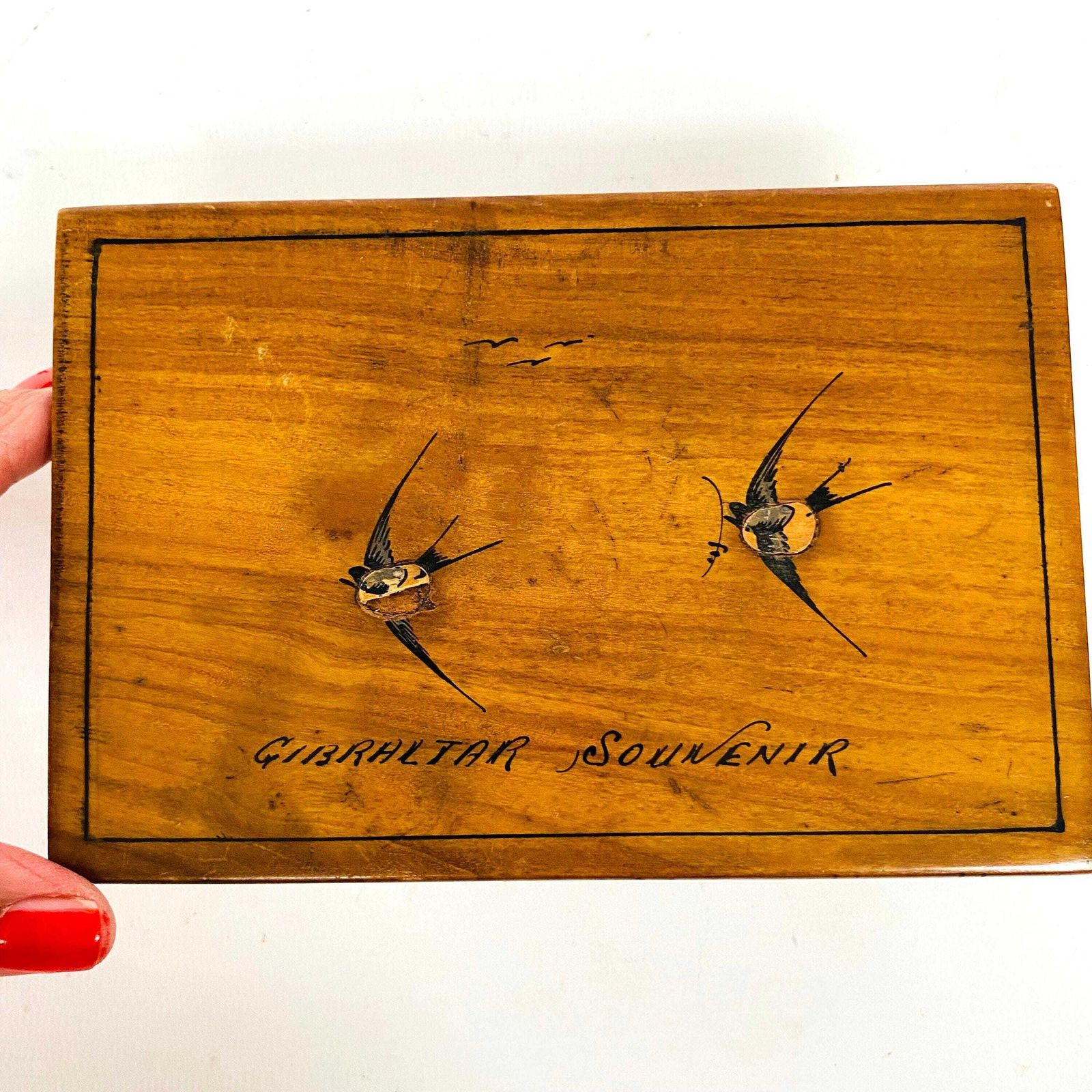 Antique Olive Wood Puzzle Box: Gibraltar Souvenir With Painted Swallows photo furniture