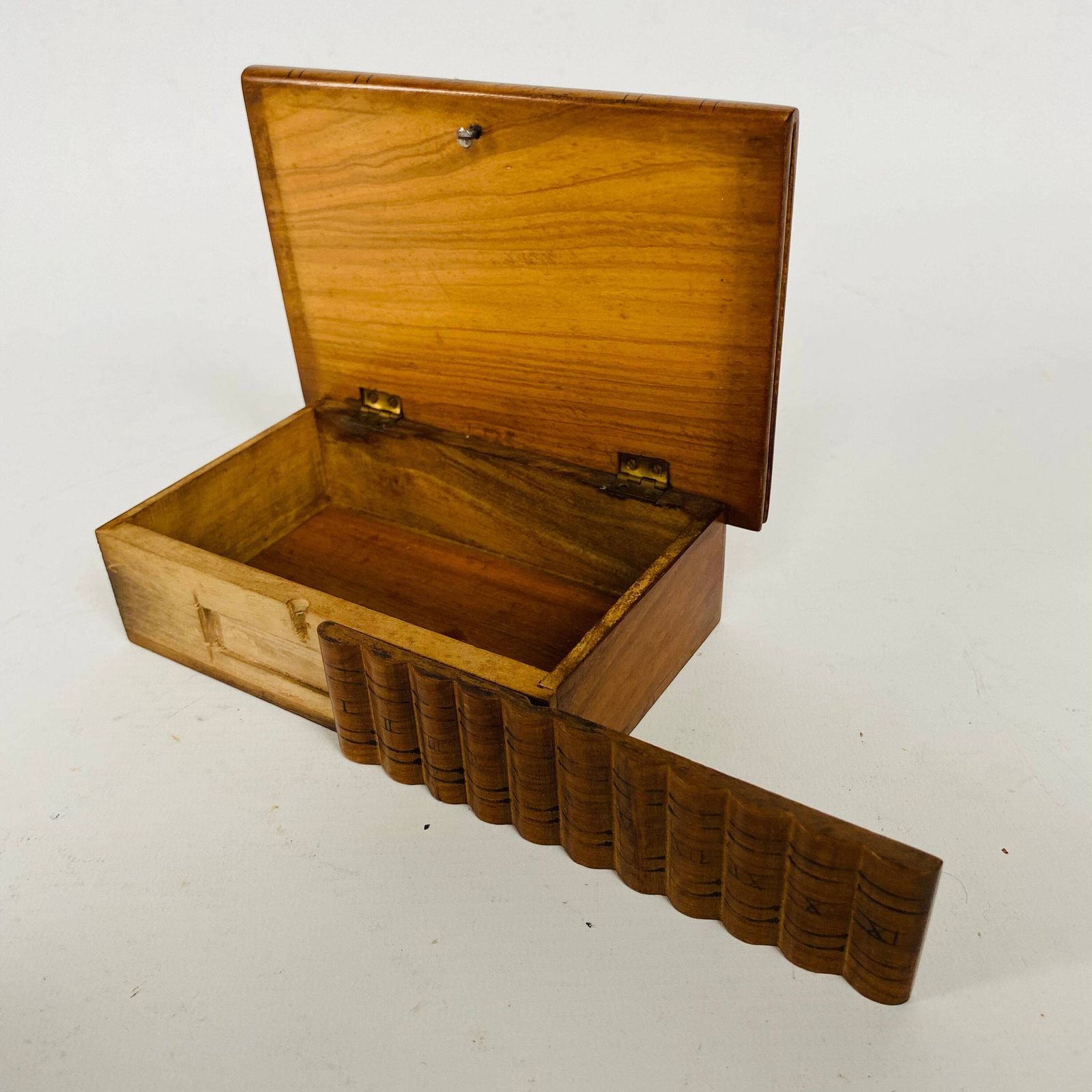 Antique Olive Wood Puzzle Box: Gibraltar Souvenir With Painted Swallows photo for sale