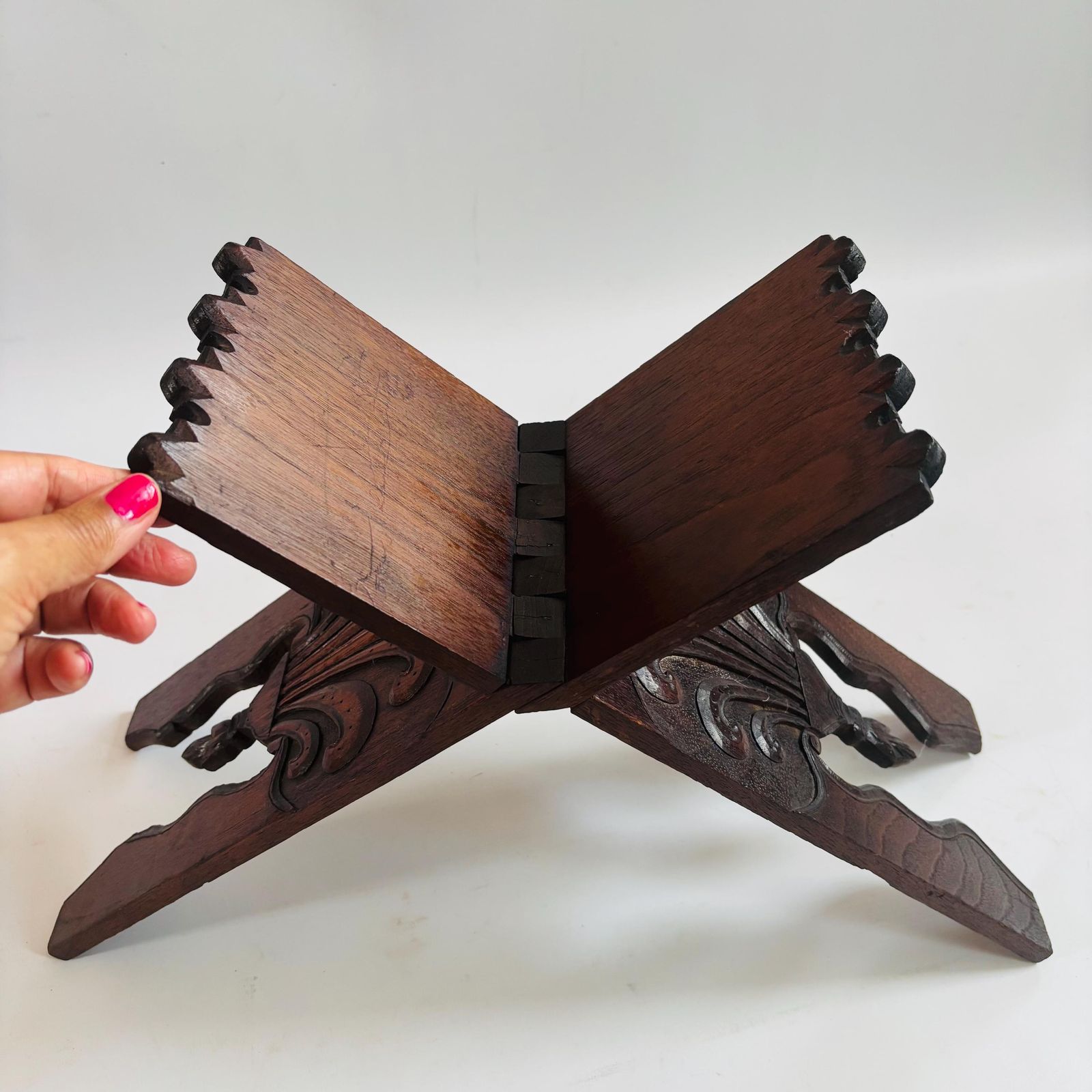 Antique Elm Wood Quran Stand: 19thc Anglo Indian Folding Lectern photo vinterior