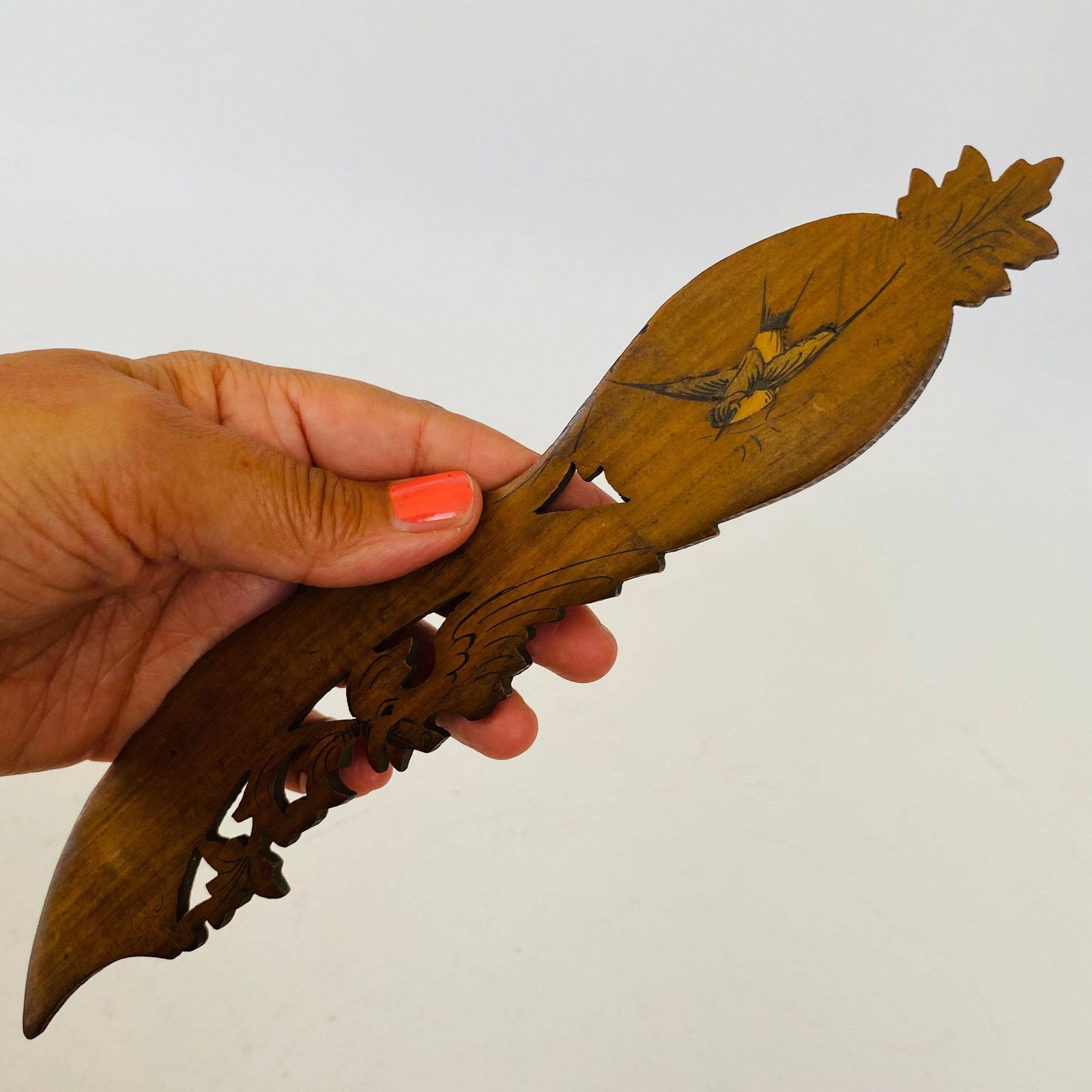 Rare Collectable Letter Opener  1930's Olive Wood/Swallow Bird Love Handmade/Marquetry/Folk Details photo vinterior