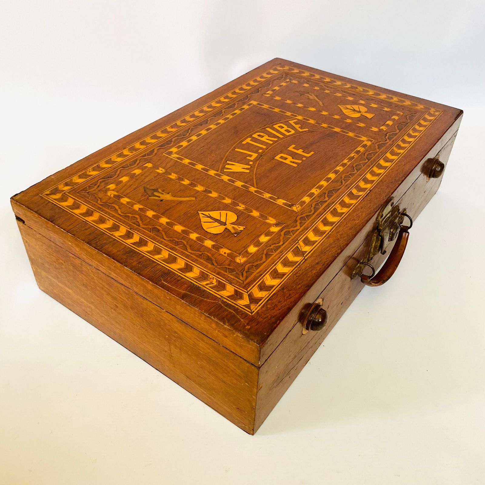 Sorrento Marquetry Suitcase: Antique Olive & Cherry Wood Folk Art photo buy