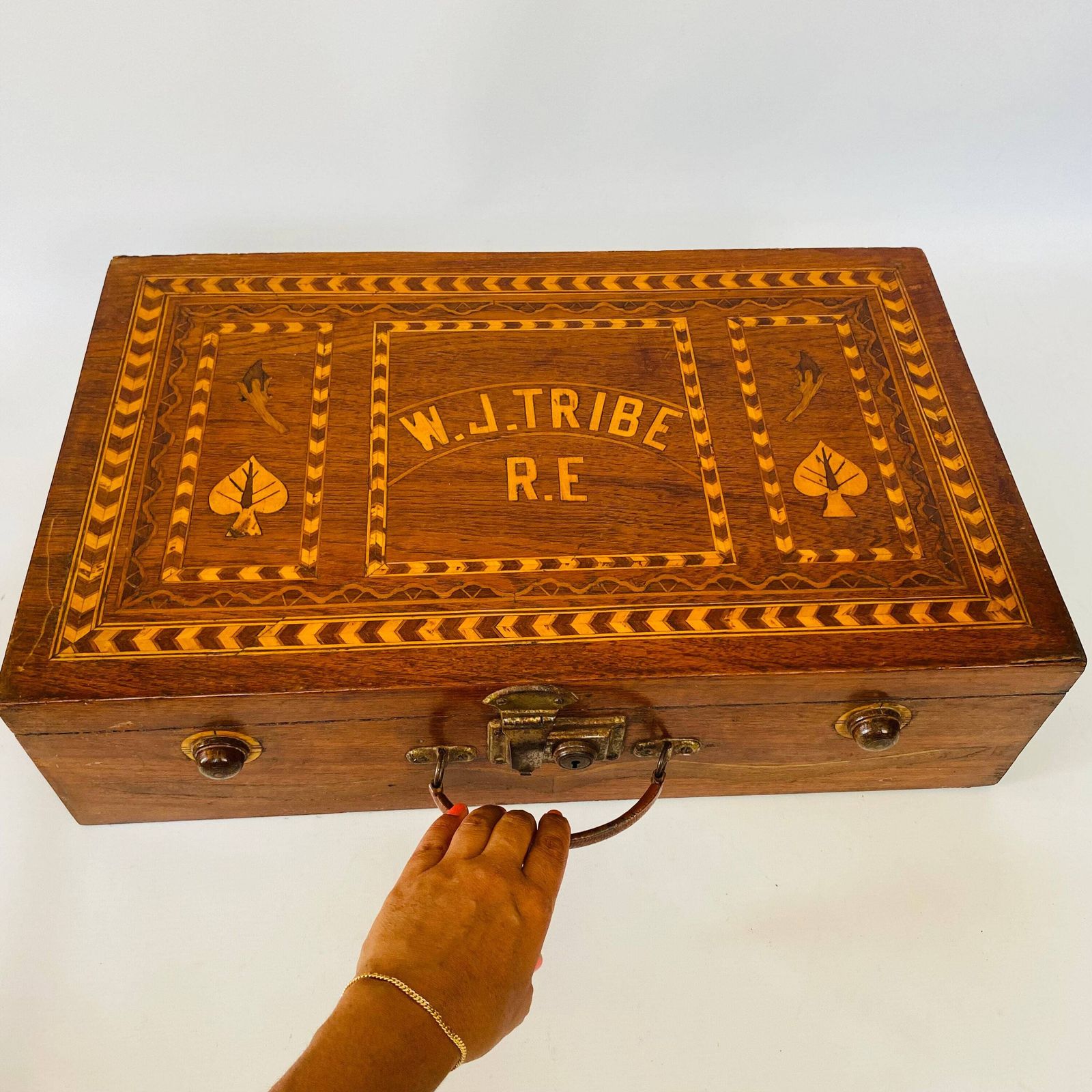 photo furniture Sorrento Marquetry Suitcase: Antique Olive & Cherry Wood Folk Art