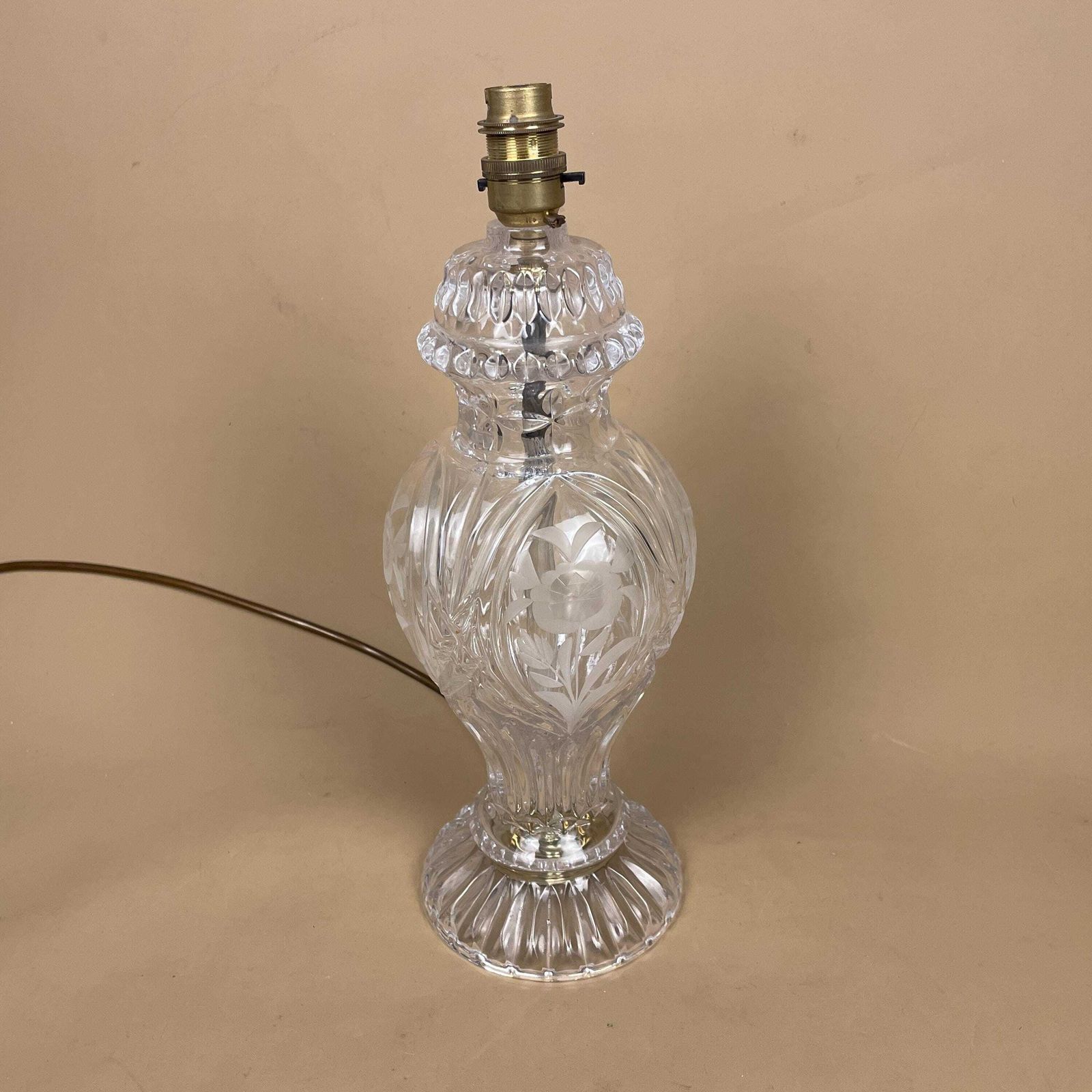 Antique Clear Cut Glass Lamp Light Bedside Table Gold Brass Fitting Column Art Deco Round Base Vintage Floral Patterned photo for sale