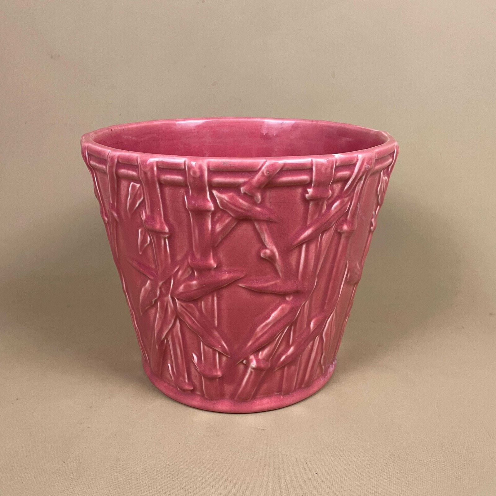Pink Ceramic Planter Pot Bamboo Pattern Vintage Asian Style Glazed Flower Pot Home Decor Mid Century Oriental Japanese Style photo Garden Decor