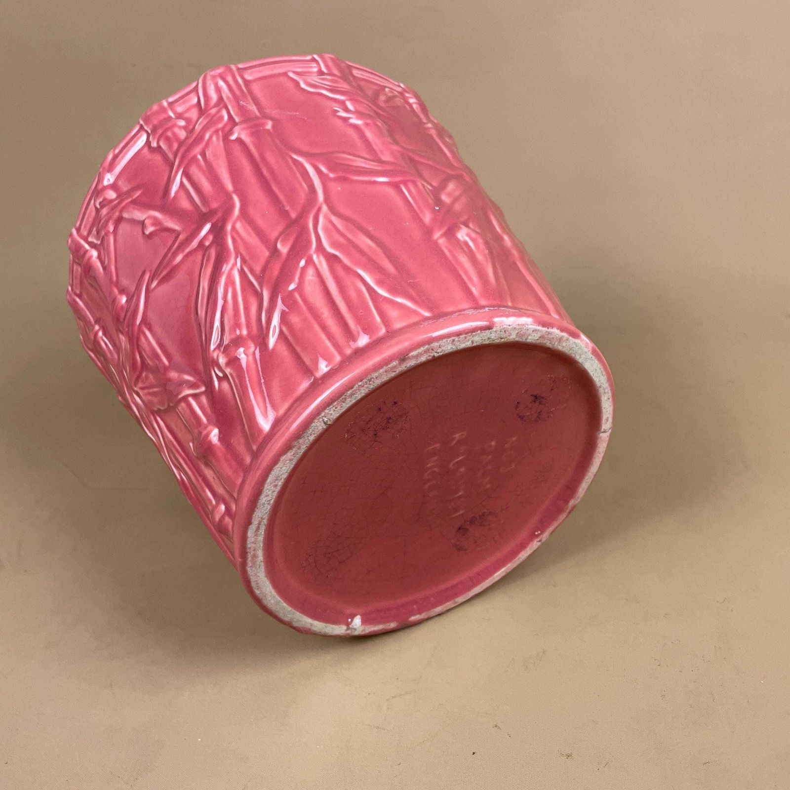 Pink Ceramic Planter Pot Bamboo Pattern Vintage Asian Style Glazed Flower Pot Home Decor Mid Century Oriental Japanese Style photo vintage