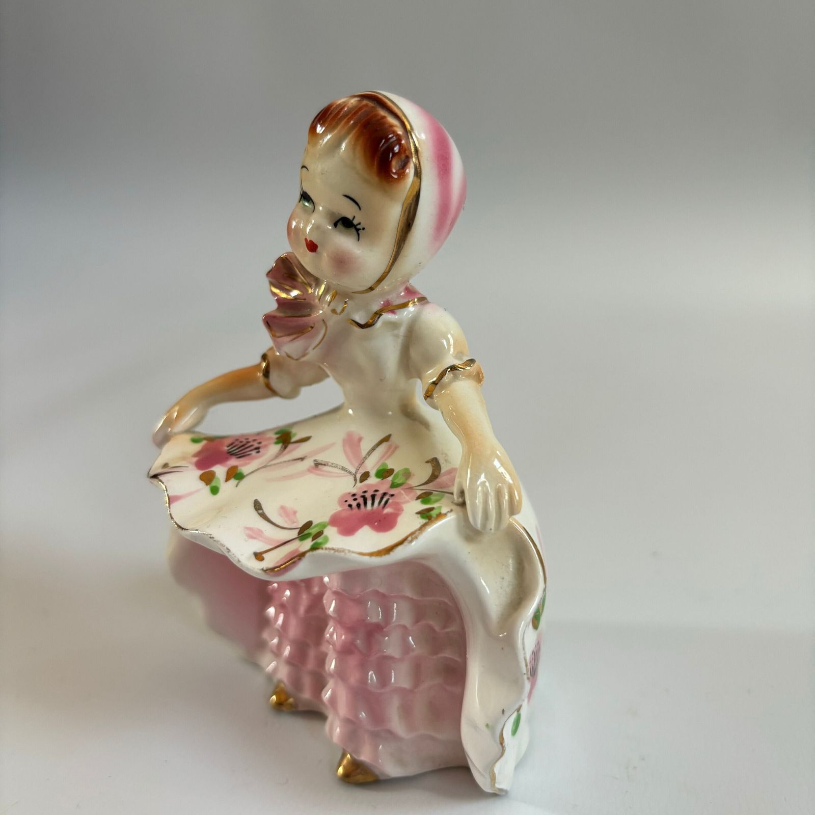 Vintage Lefton Ceramic Flower Girl Figurine: 1950s Japanese Ornament photo vintage
