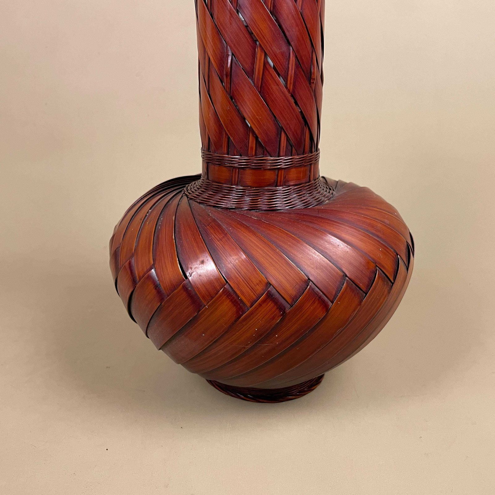 Vintage Japanese Ikebana Vase Bamboo Woven Ceramic Inner C.1950s Table Display Mid Century Decor Hand Woven Natural Home Accent photo vinterior