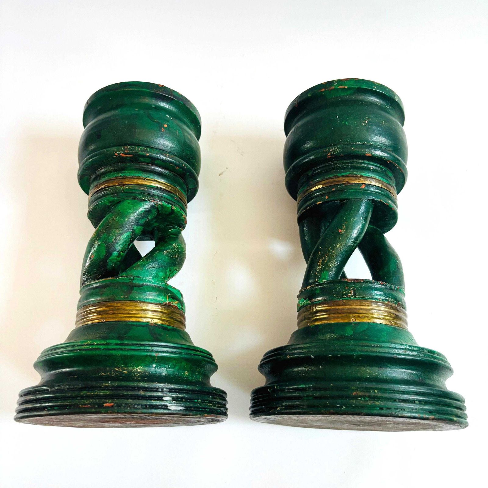 Pair Of Antique Mahogany Torchere Candle Holders: Green & Gold Twist Design photo furniture