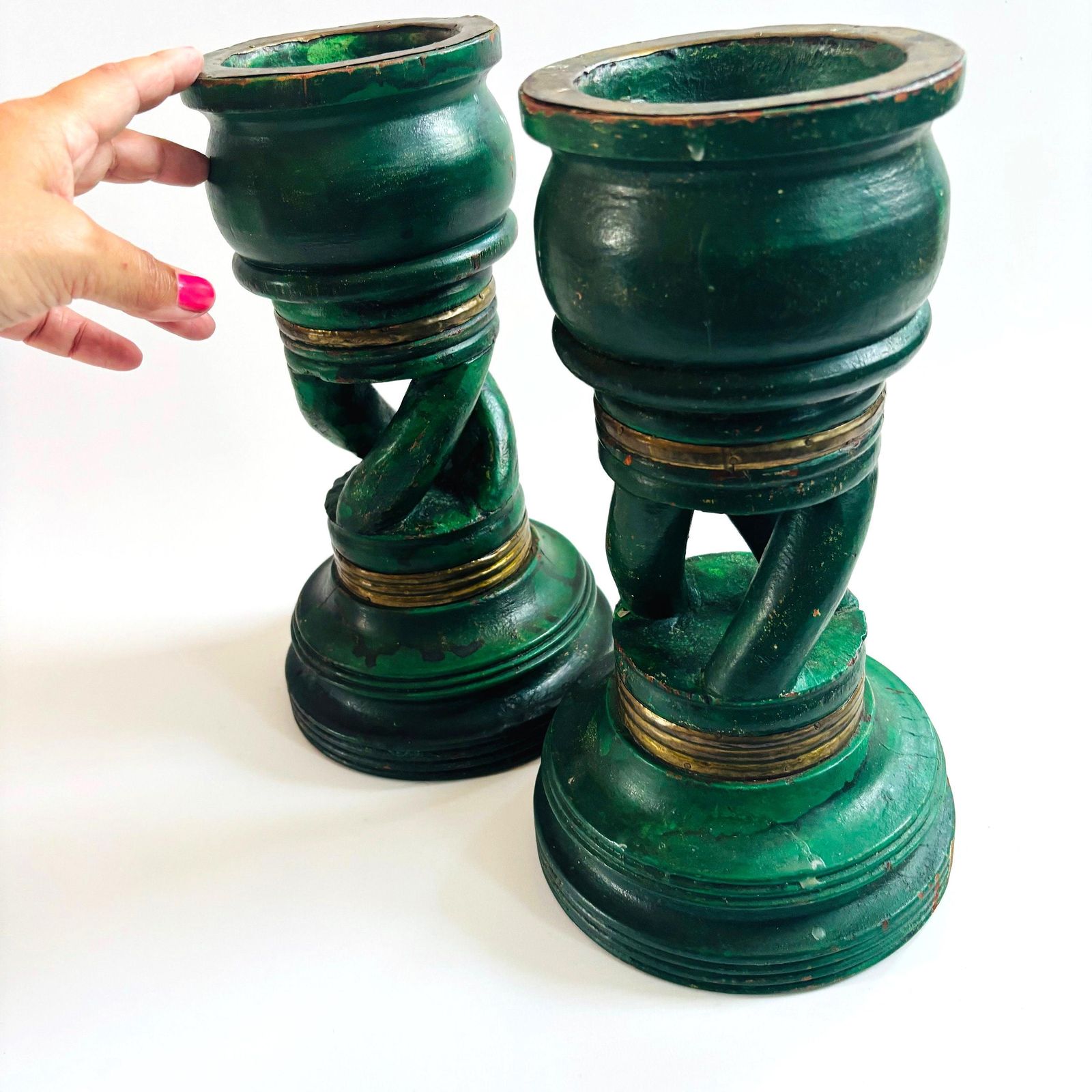 Pair Of Antique Mahogany Torchere Candle Holders: Green & Gold Twist Design photo for sale