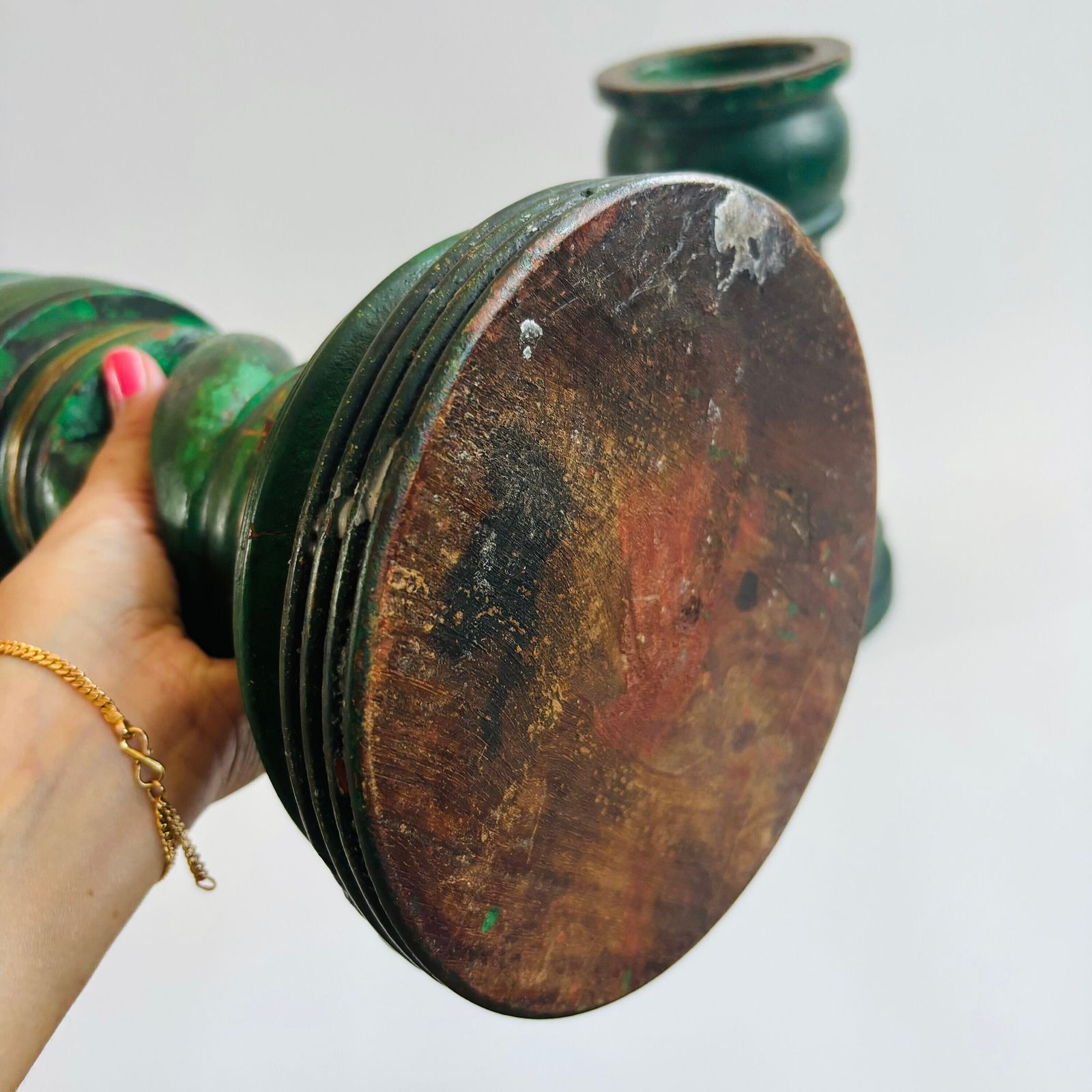Pair Of Antique Mahogany Torchere Candle Holders: Green & Gold Twist Design photo buy
