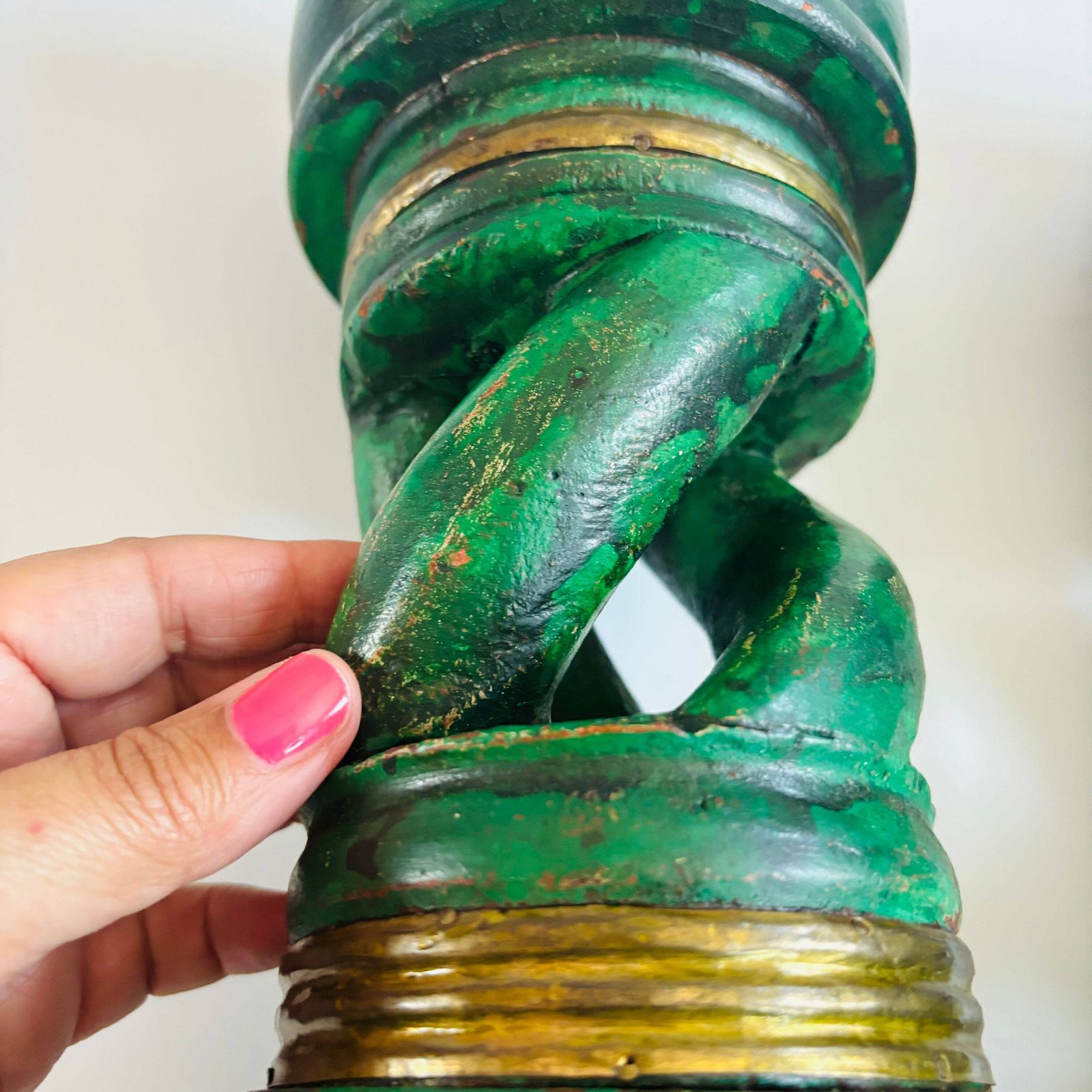 photo for sale Pair Of Antique Mahogany Torchere Candle Holders: Green & Gold Twist Design