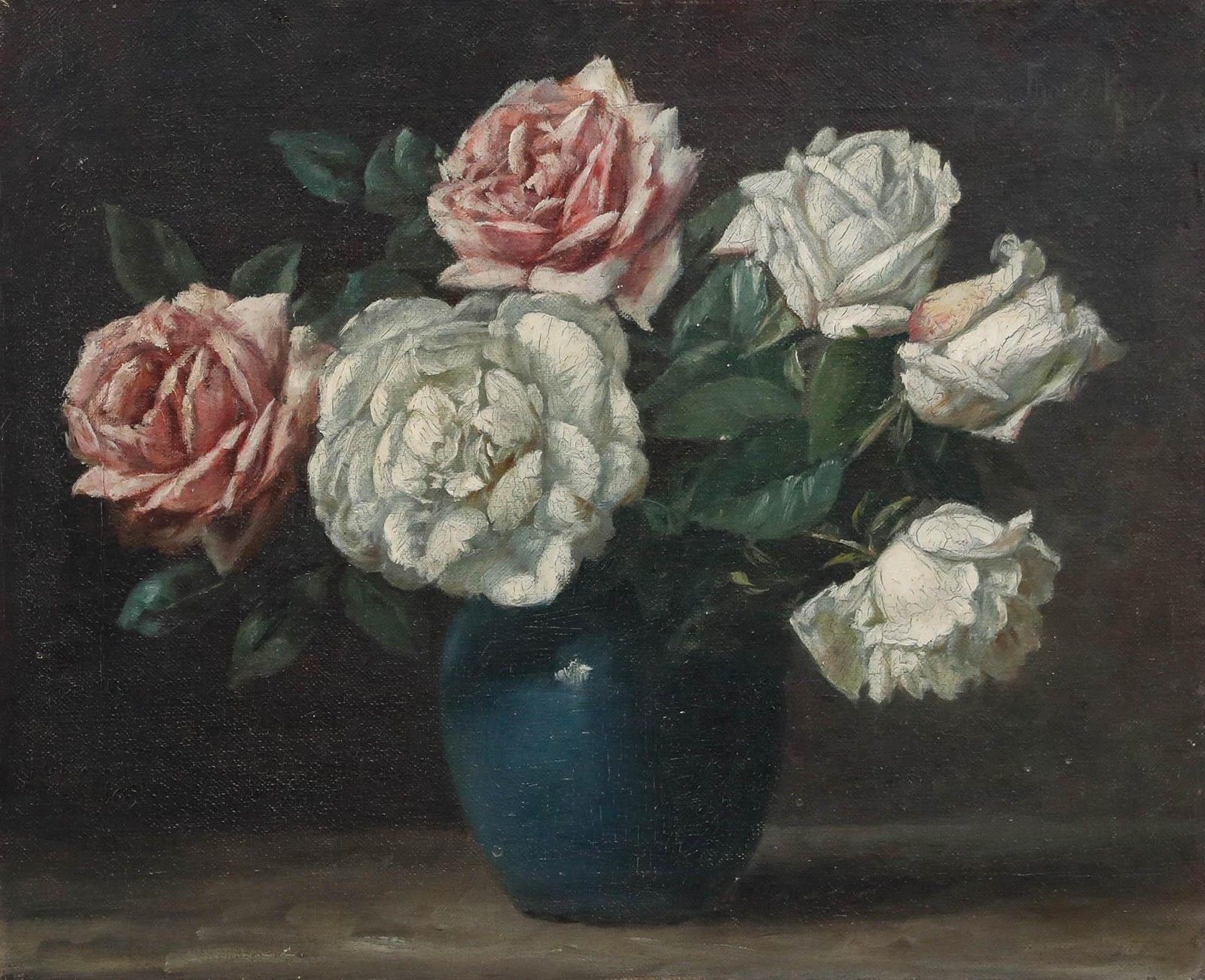 Frans Kops (1873 1951) Early 20th Century Oil, Pink & White Roses photo furniture
