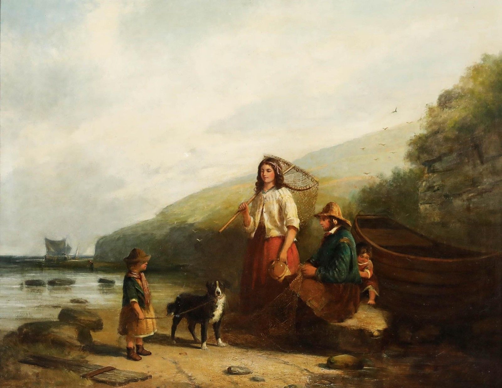 James Cole (Fl.1856 1885) Framed 1858 Oil, The Fisherman & His Family photo furniture
