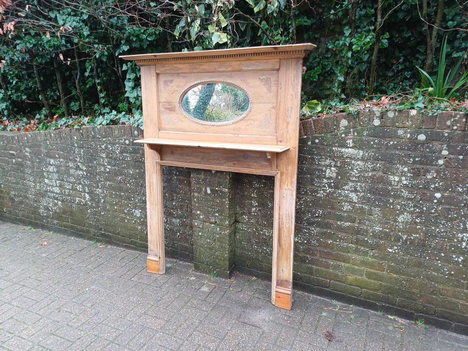 1920s 1930s Stripped Pine Fire Surround With Oval Mirror Original Gesso Detail Distressed Finish Vintage Fireplace Mantel