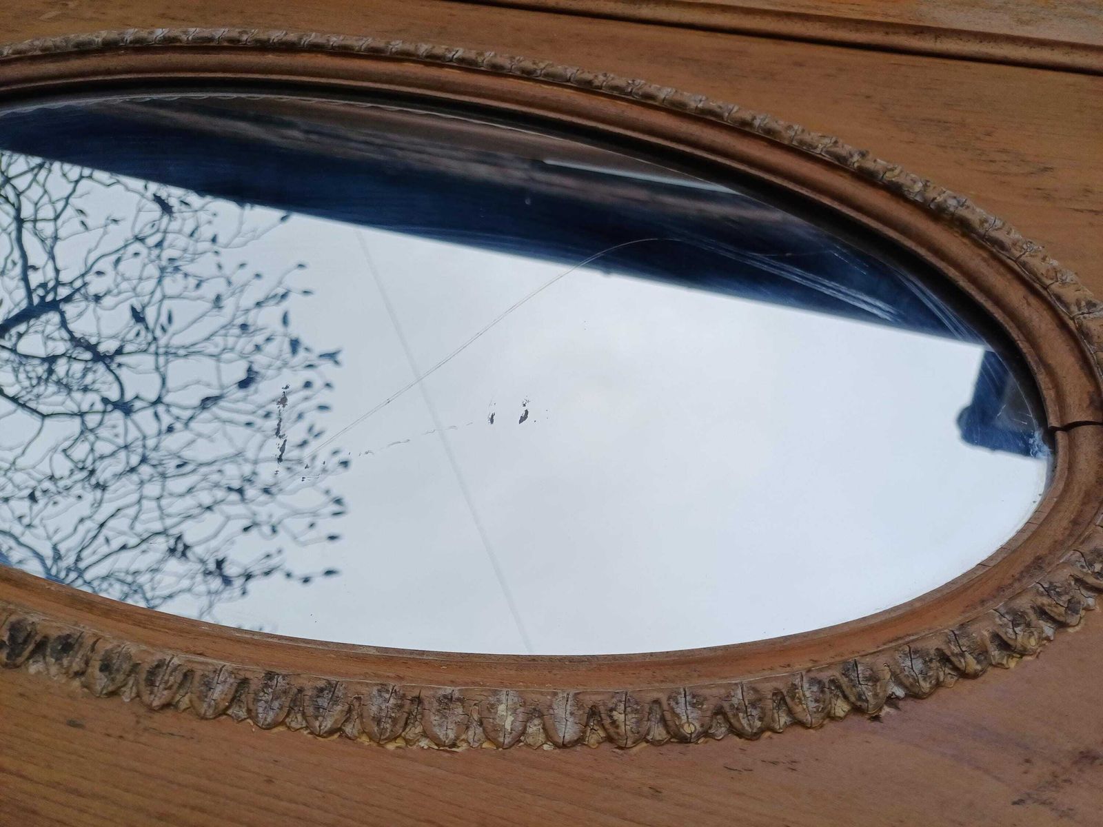 1920s 1930s Stripped Pine Fire Surround With Oval Mirror Original Gesso Detail Distressed Finish Vintage Fireplace Mantel photo buy
