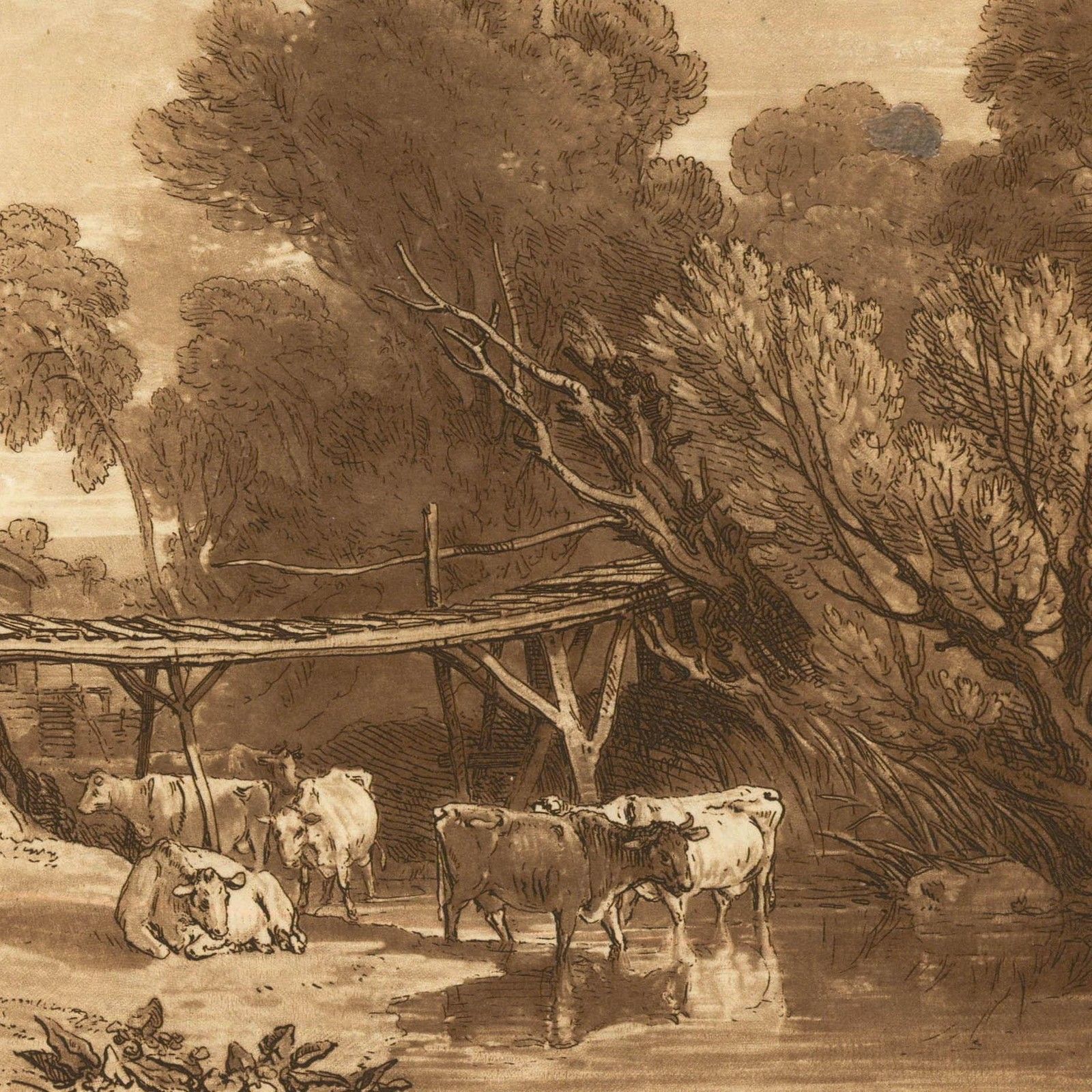 J.M.W. Turner (1775 1851) And C. Turner (1773 1857) Etching, Bridge And Cows photo for sale