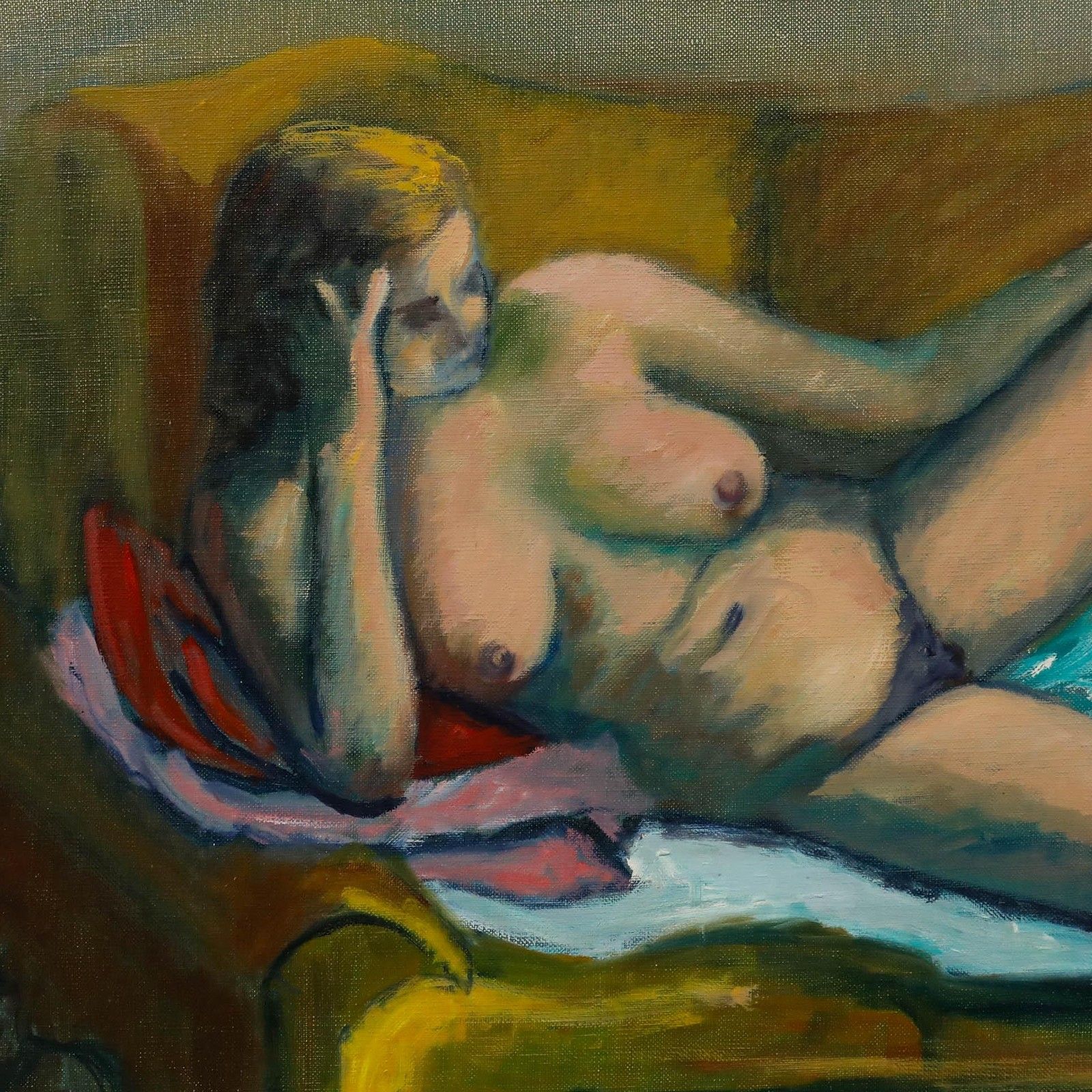 Suzanne Deluzanne Lefort 20th Century Oil, Nude On Yellow Sofa photo Art