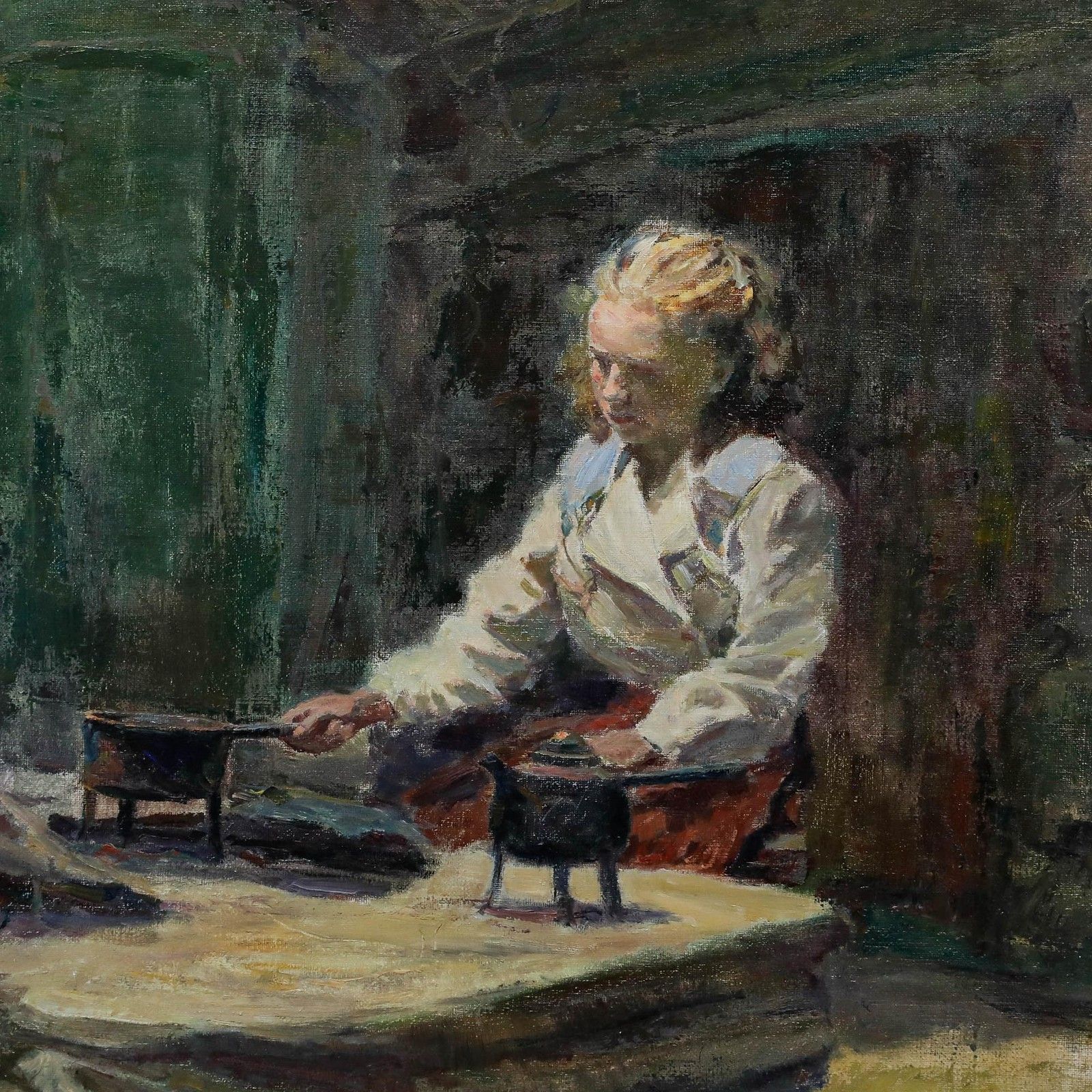 1947 Oil Woman At Stove photo Art
