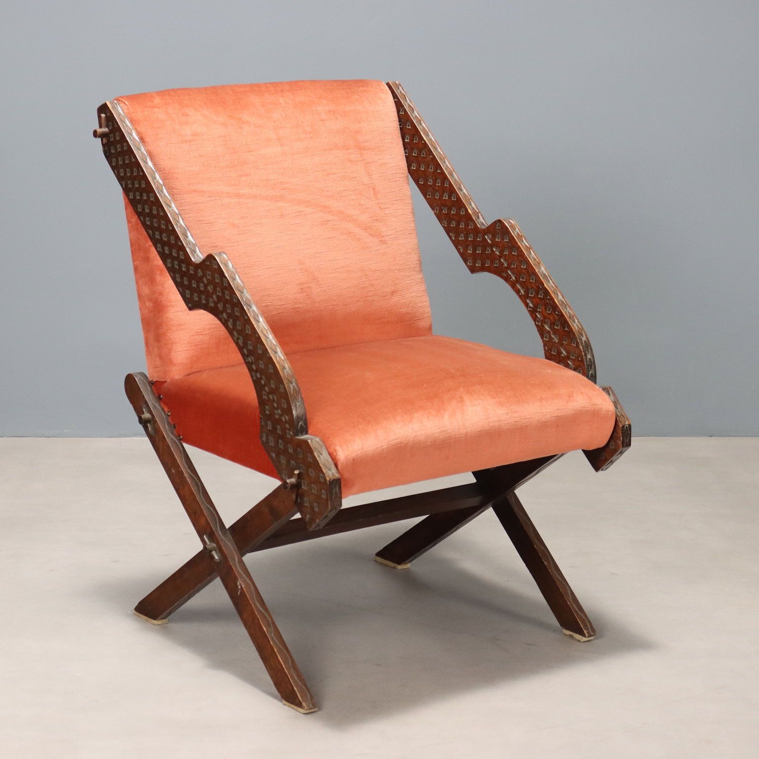 Vintage Armchair Wood Fabric Foam Design Italy 1960s