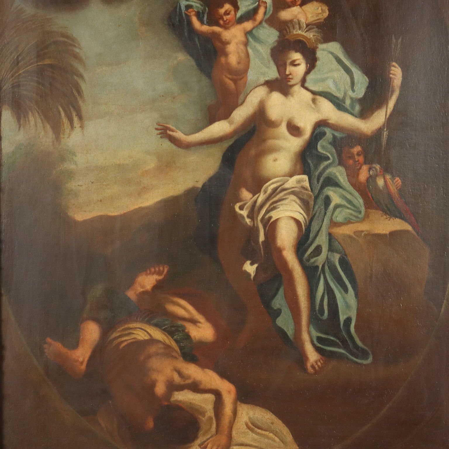Antique Painting Allegory Of America Oil On Canvas XVIII Century photo for sale