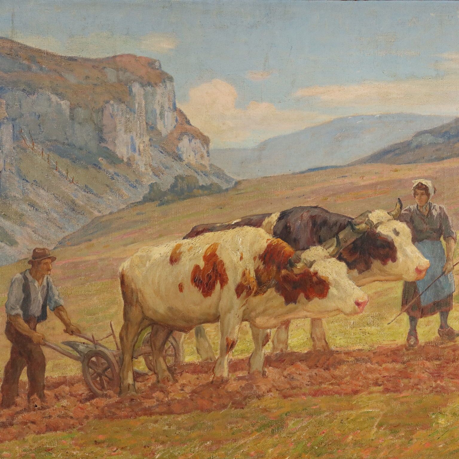 Antique Painting Signed Clovis Terraire Ploughing In Bugey '900 photo for sale