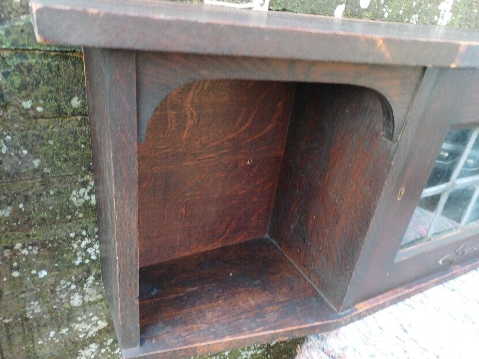 photo for sale Antique Arts And Crafts Oak Wall Cabinet Shelf Art Nouveau Leaded Glass Cupboard Art Nouveau Hanging Storage Unit
