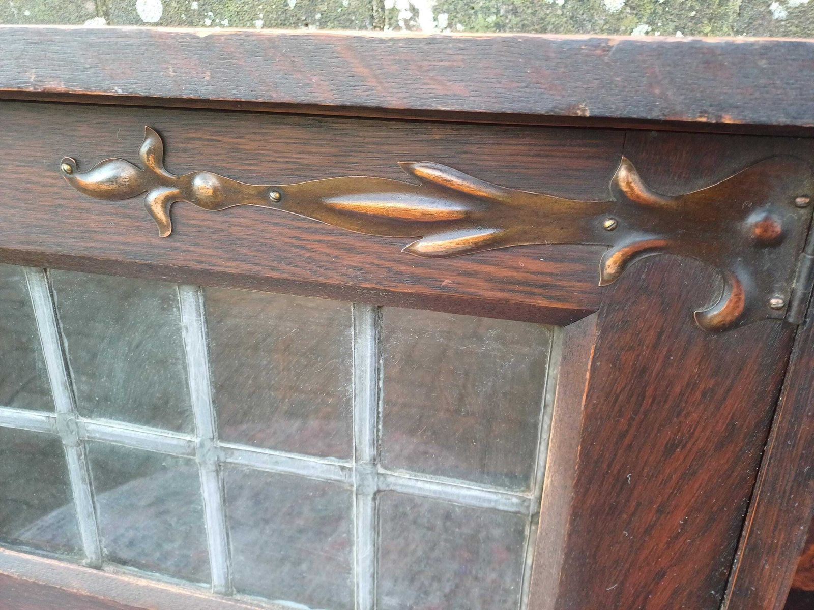 Furniture Antique Arts And Crafts Oak Wall Cabinet Shelf Art Nouveau Leaded Glass Cupboard Art Nouveau Hanging Storage Unit photo
