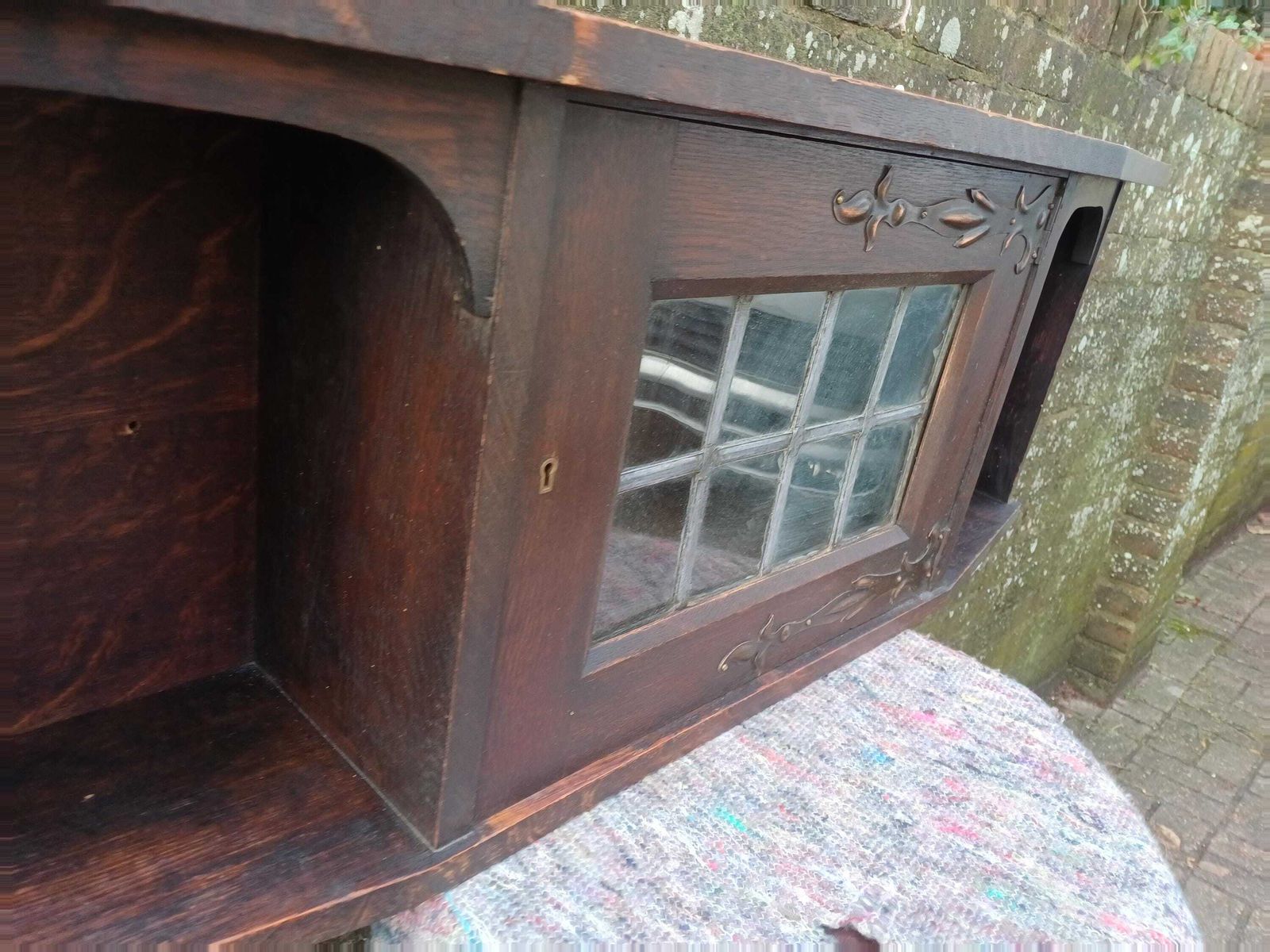 495.0 Antique Arts And Crafts Oak Wall Cabinet Shelf Art Nouveau Leaded Glass Cupboard Art Nouveau Hanging Storage Unit photo