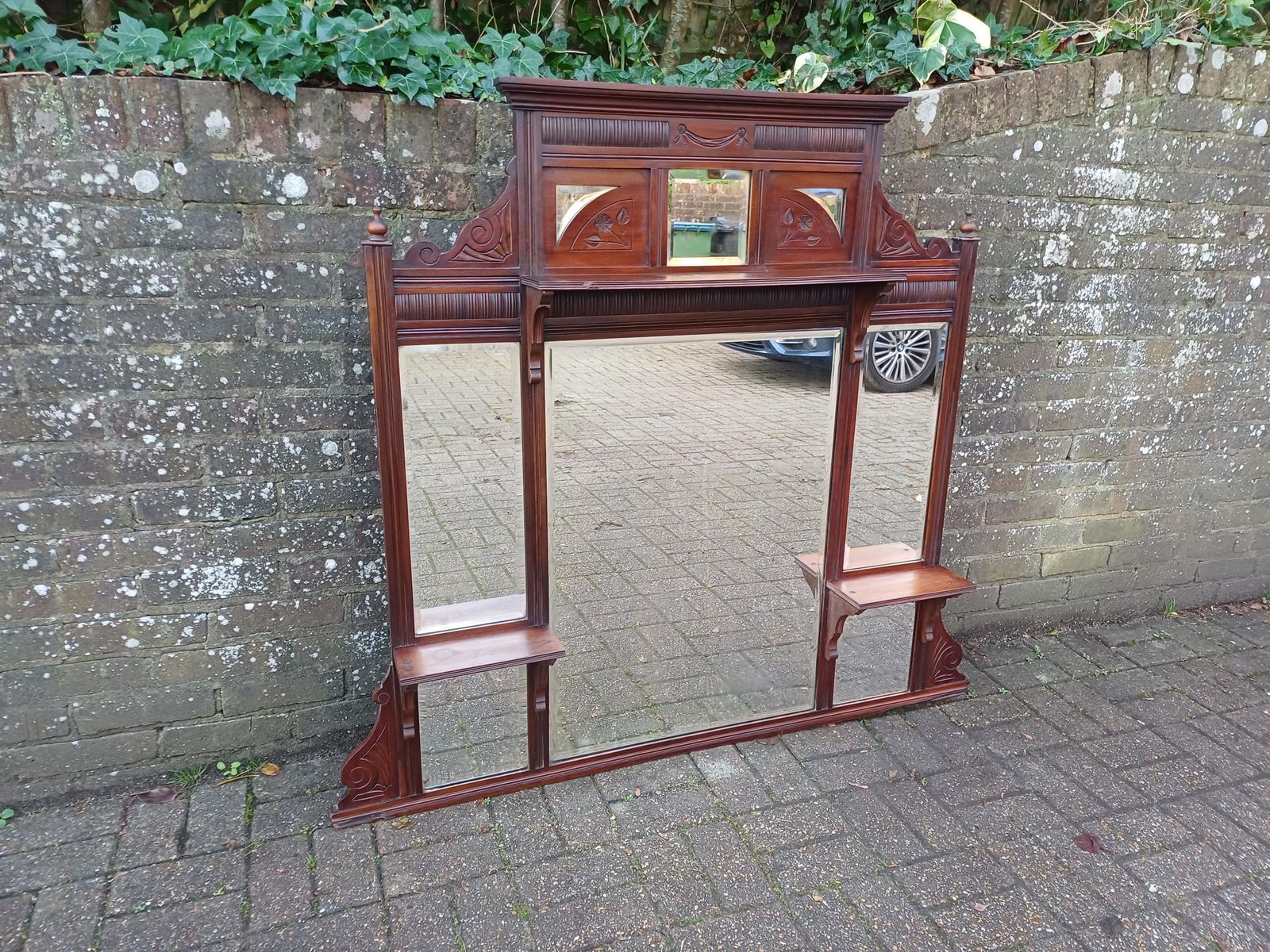 Massive Antique Victorian Over Mantel Mirror With Shelves Ornately Carved Frame, Bevelled Glass, Antique Statement Piece photo 785.0