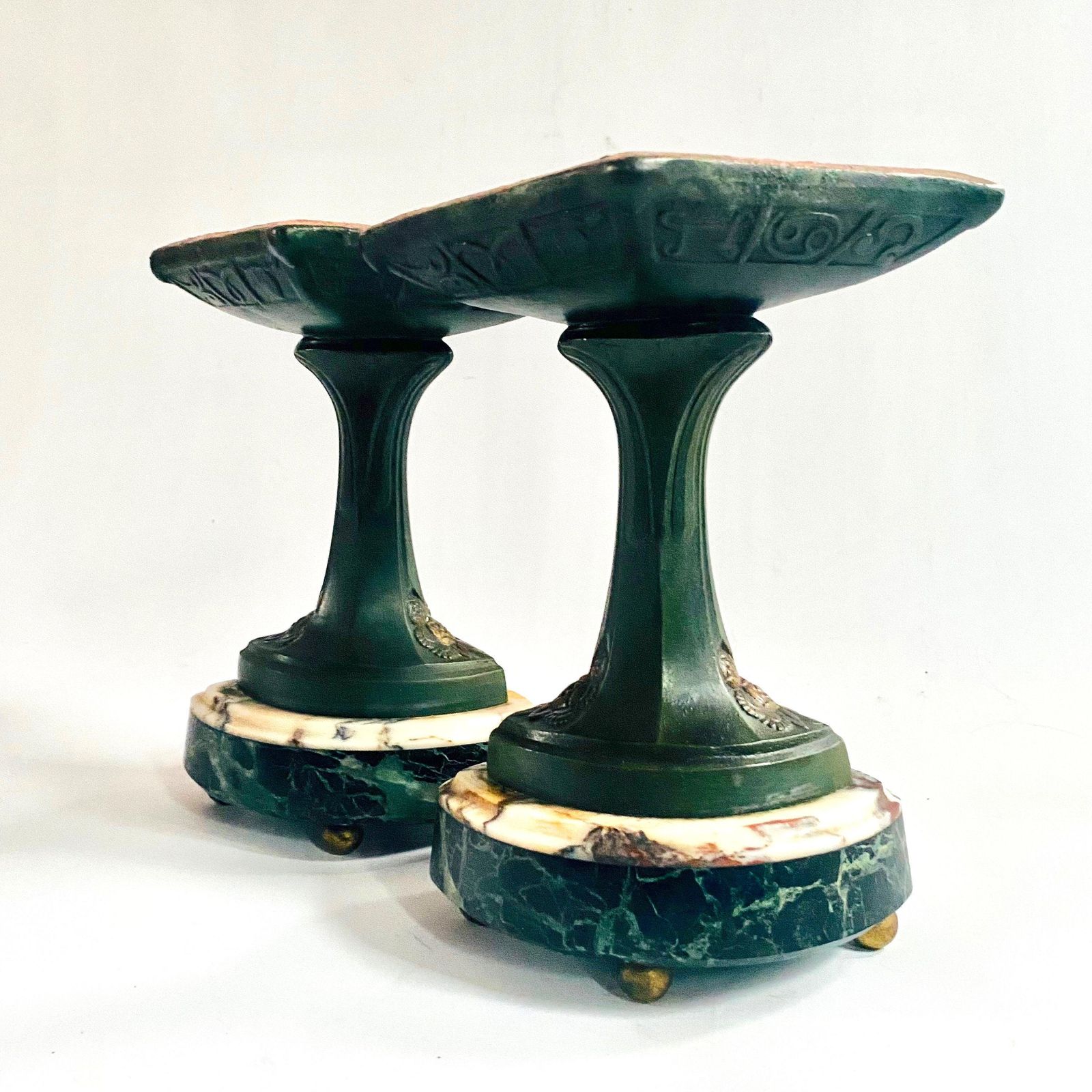Antique French Bronze & Sienna Marble Cassolettes: Egyptian Hieroglyphs Fireplace Urns