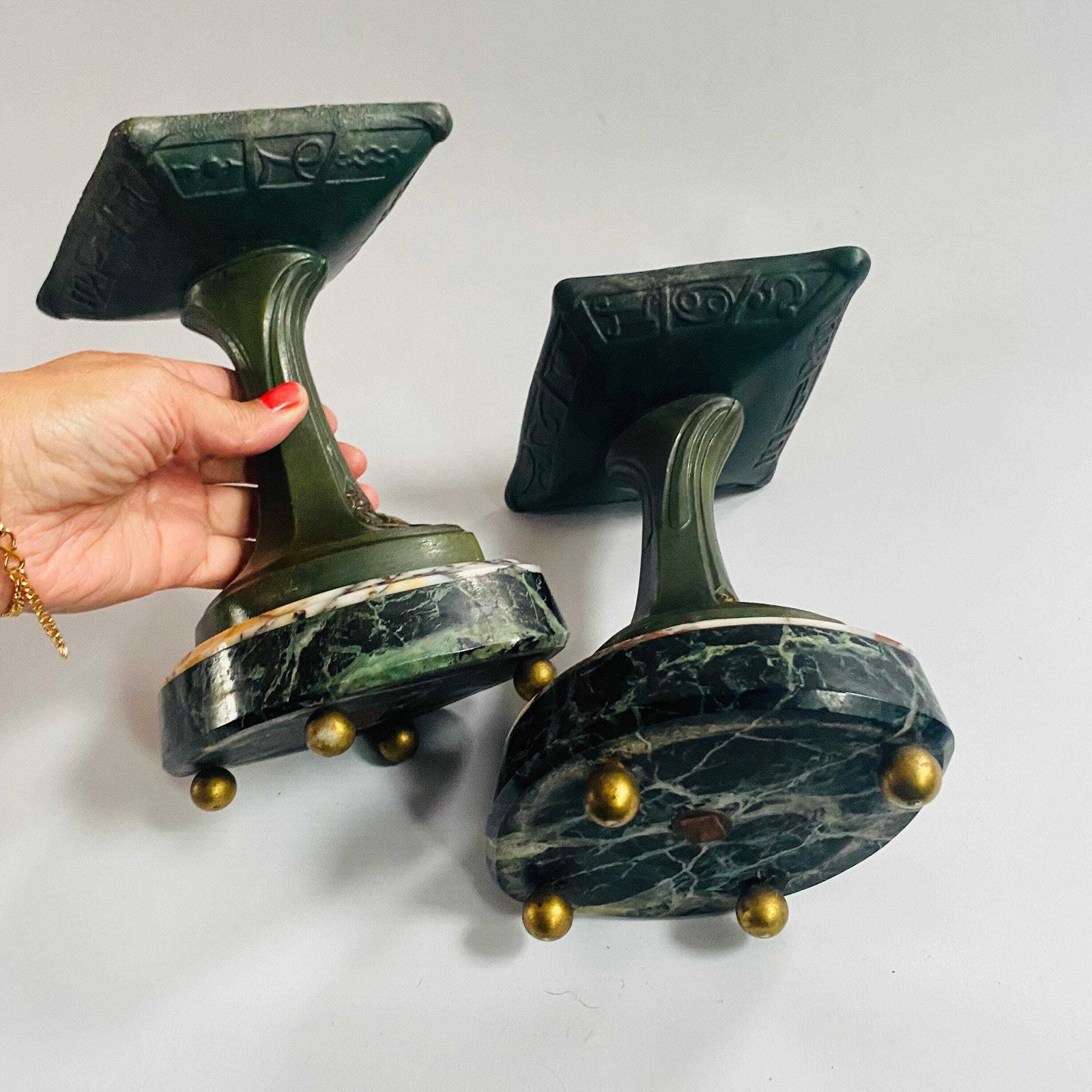 Antique French Bronze & Sienna Marble Cassolettes: Egyptian Hieroglyphs Fireplace Urns photo furniture
