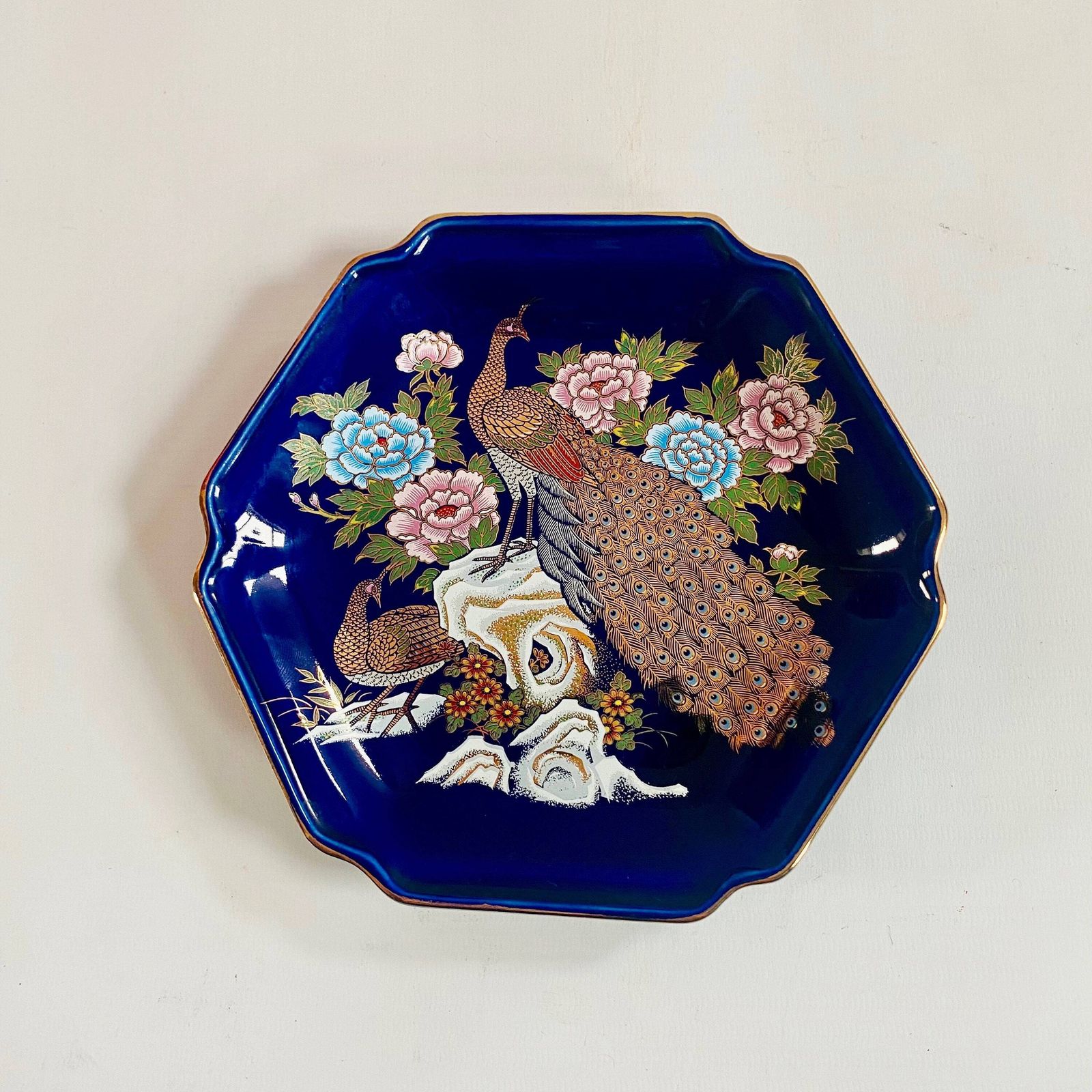 Kutani Porcelain Ceramic Cobalt Blue Dish With Handpainted Peacocks Floral Design Gold Gilt Edging