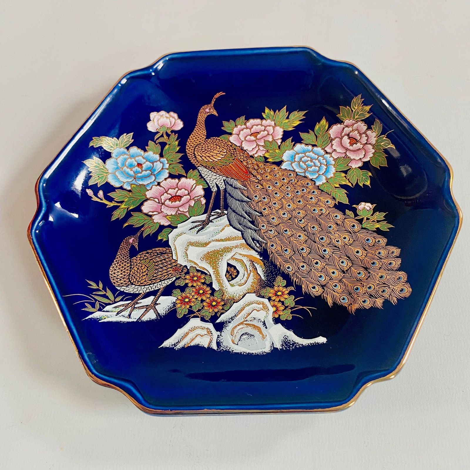 photo for sale Kutani Porcelain Ceramic Cobalt Blue Dish With Handpainted Peacocks Floral Design Gold Gilt Edging
