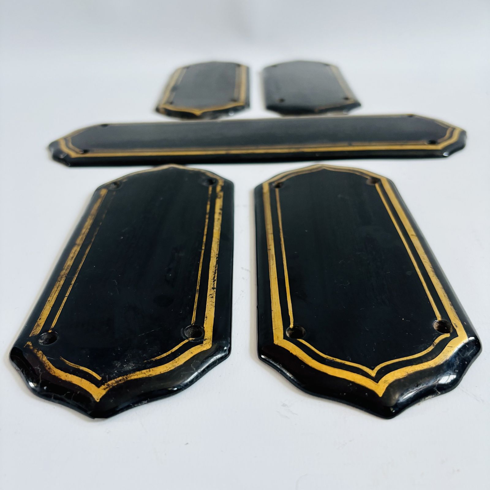 Antique 1920s Art Deco Finger Plates: Black Porcelain With Gold Line, Set Of 5 photo furniture