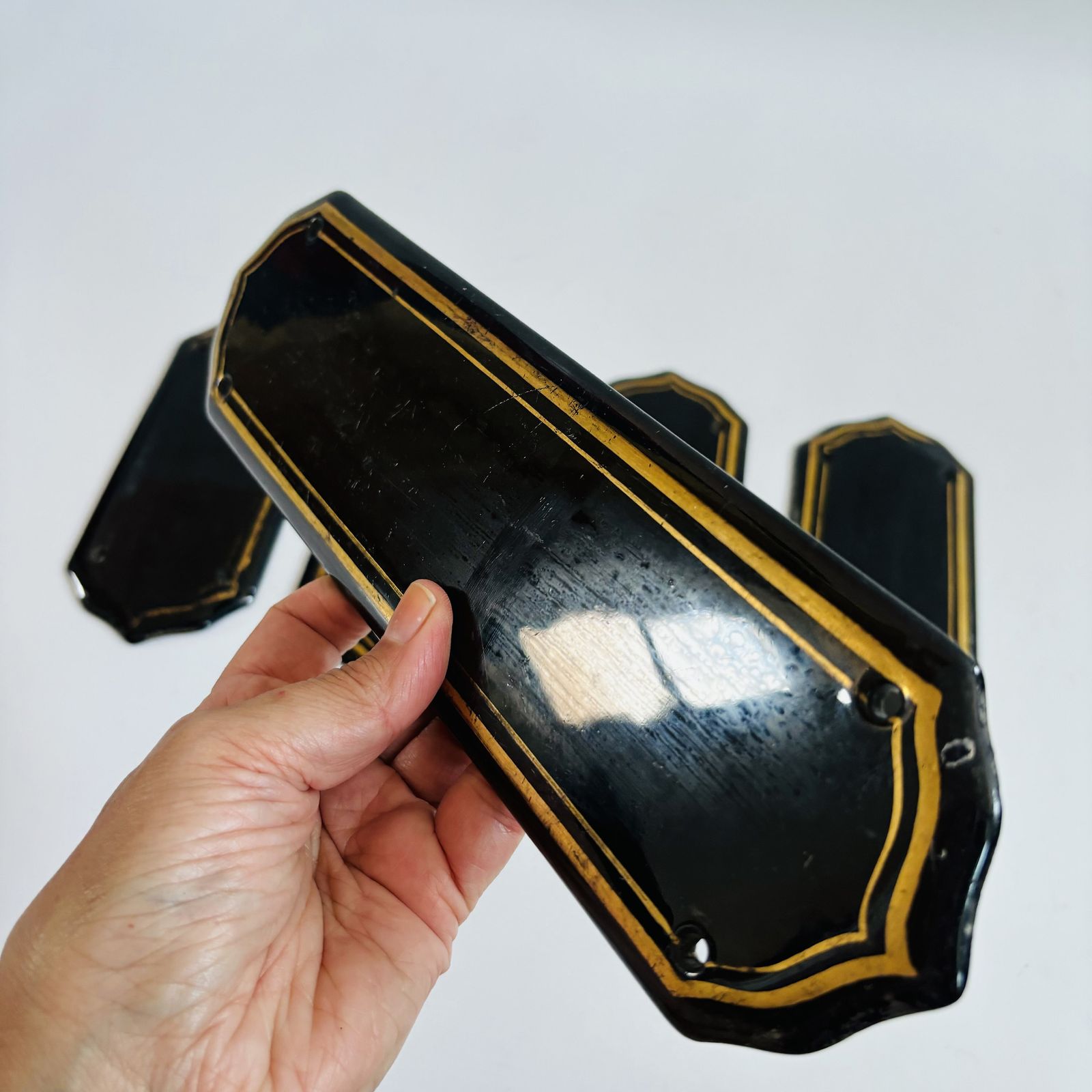 Antique 1920s Art Deco Finger Plates: Black Porcelain With Gold Line, Set Of 5 photo Home Decor