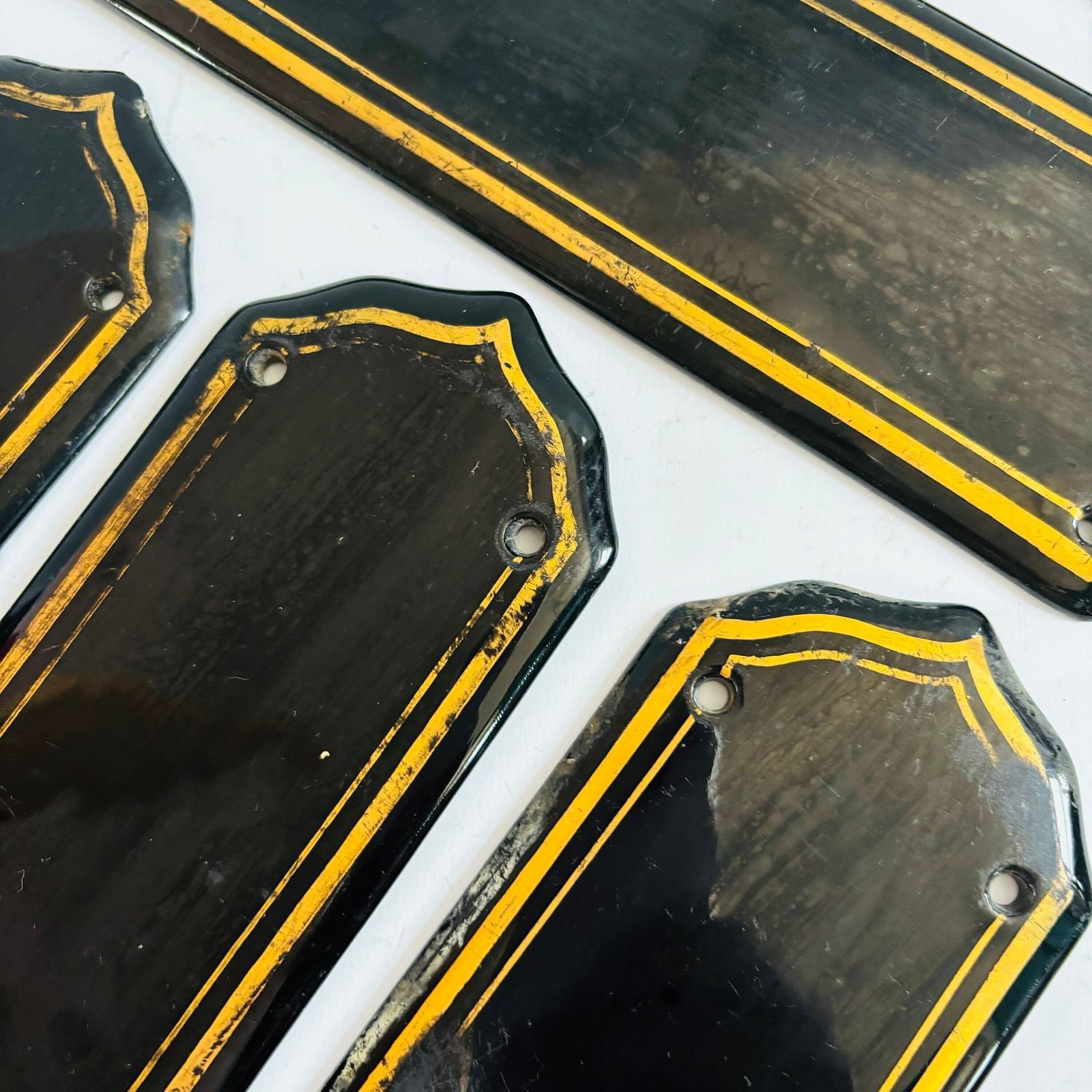 Antique 1920s Art Deco Finger Plates: Black Porcelain With Gold Line, Set Of 5 photo vintage