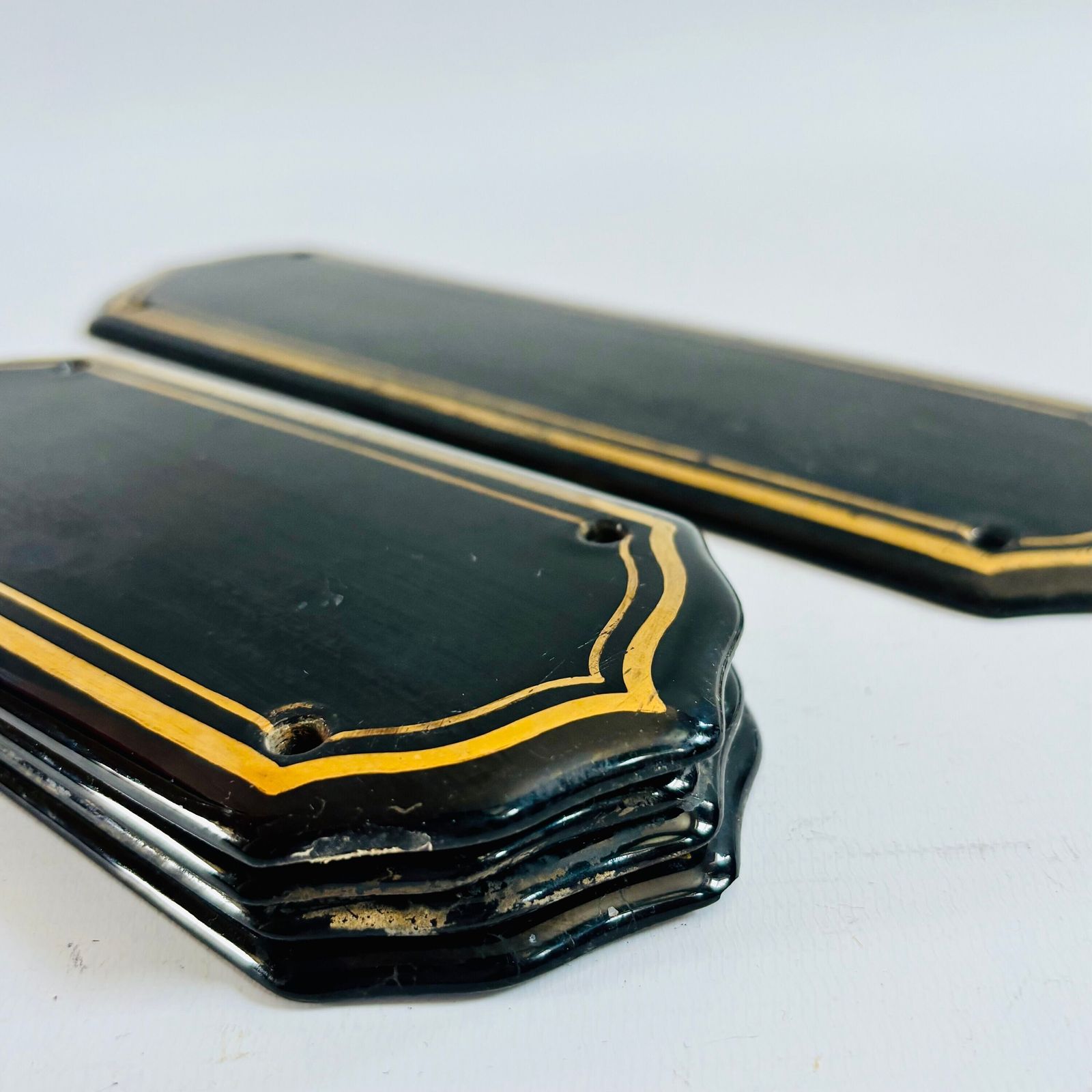photo furniture Antique 1920s Art Deco Finger Plates: Black Porcelain With Gold Line, Set Of 5