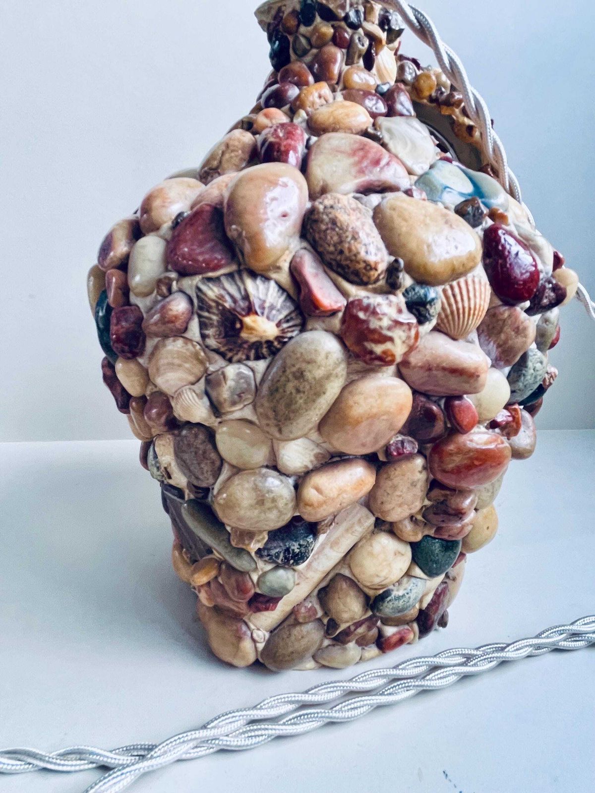 Vintage Shell And Pebble Table Lamp, Coastal Nautical Bottle Lamp, 1970s Folk Art Seaside Decor, Rewired & Pat Tested, Boho Beach House photo for sale