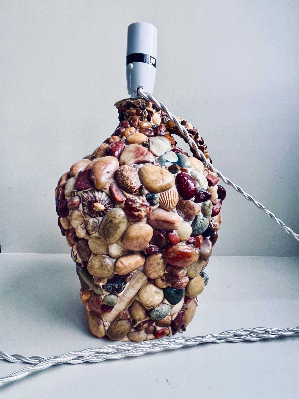 photo vinterior Vintage Shell And Pebble Table Lamp, Coastal Nautical Bottle Lamp, 1970s Folk Art Seaside Decor, Rewired & Pat Tested, Boho Beach House