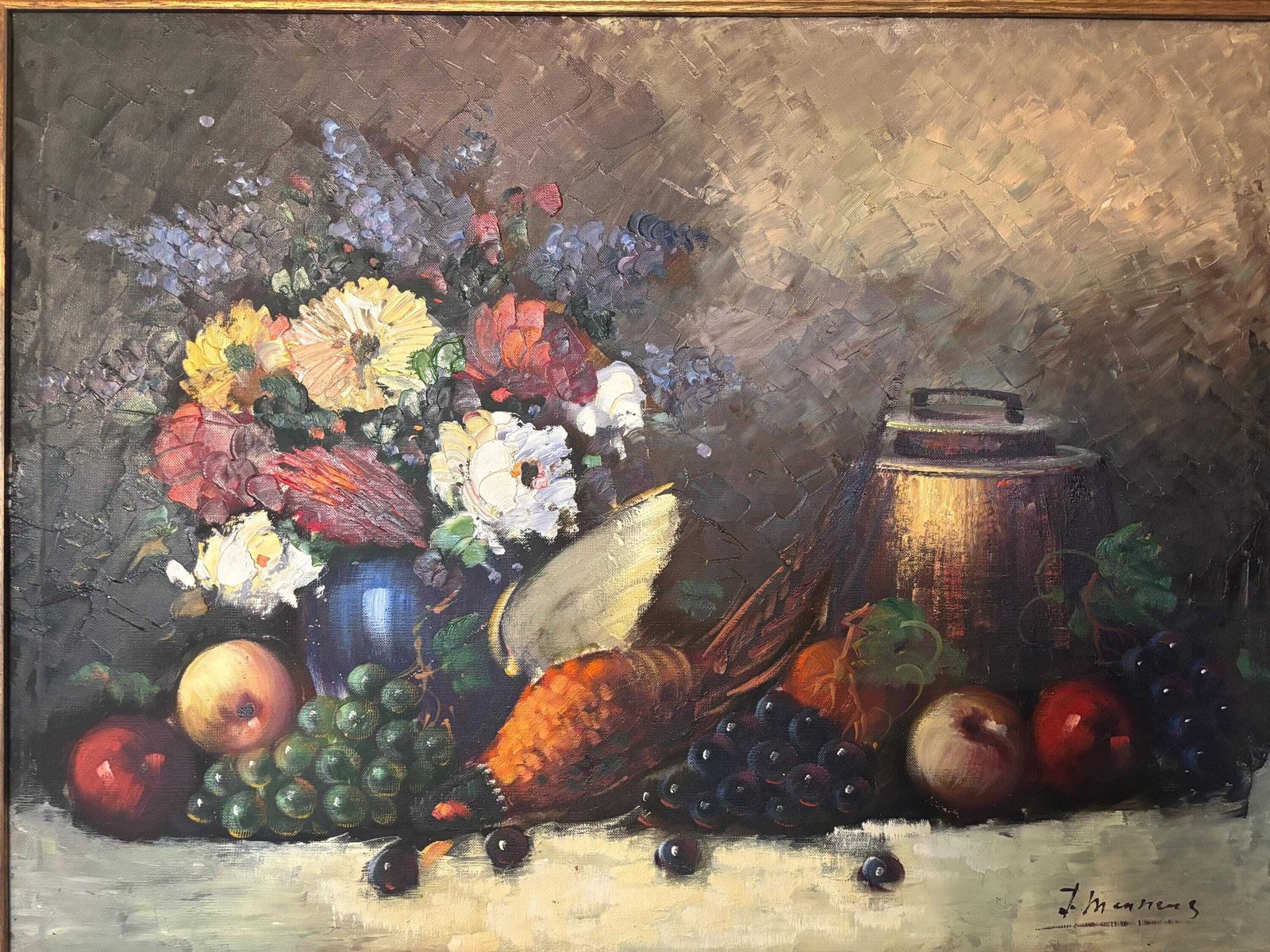 Large Flemish Floral & Game Still Life Oil On Canvas Painting. Mid Century photo furniture