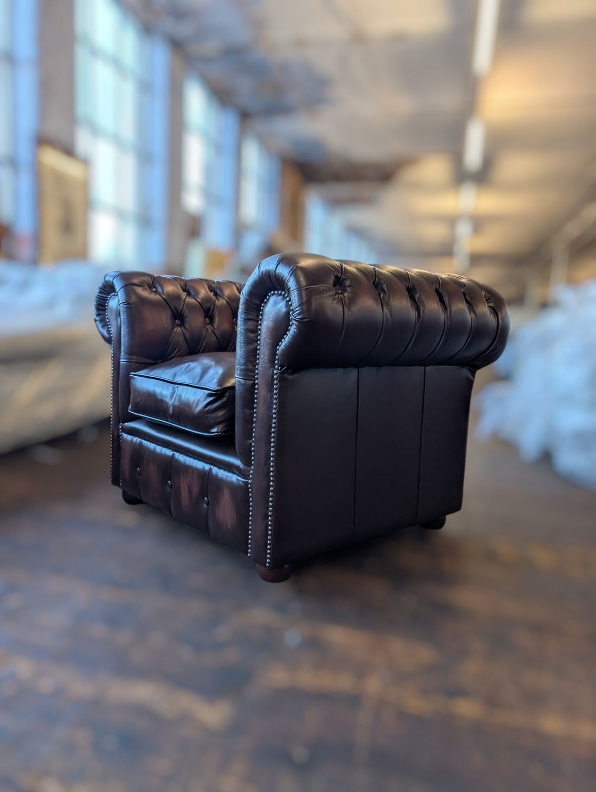 Classic Chesterfield Club Chair In Antique Brown Leather. New Stock! photo for sale
