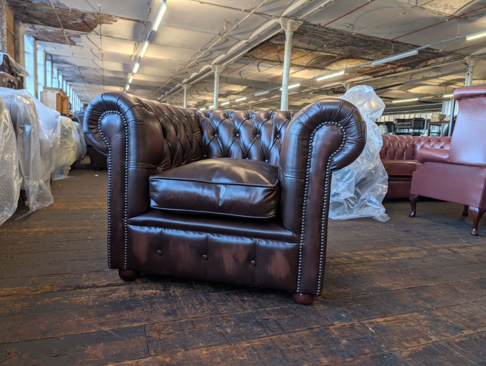 Classic Chesterfield Club Chair In Antique Brown Leather. New Stock! photo Furniture