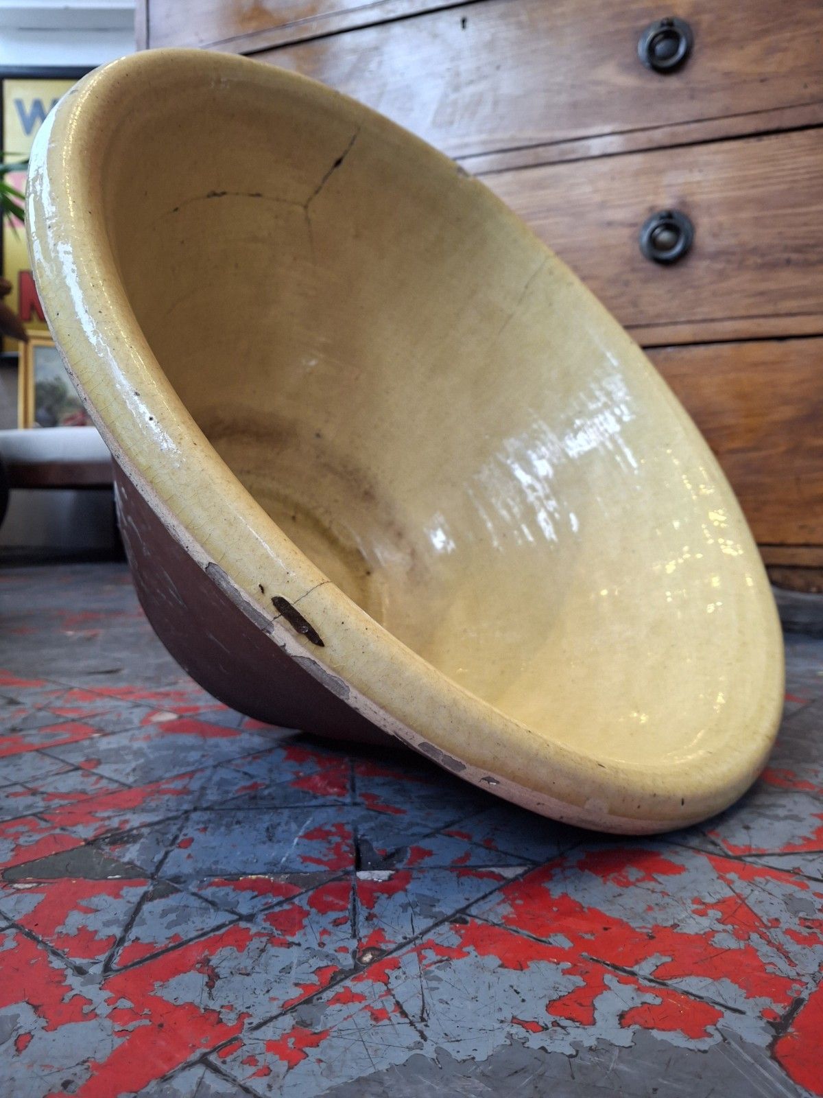 Large 19th Century Glazed Terracotta Welsh Dairy Cream Bowl. Antique/Pancheon