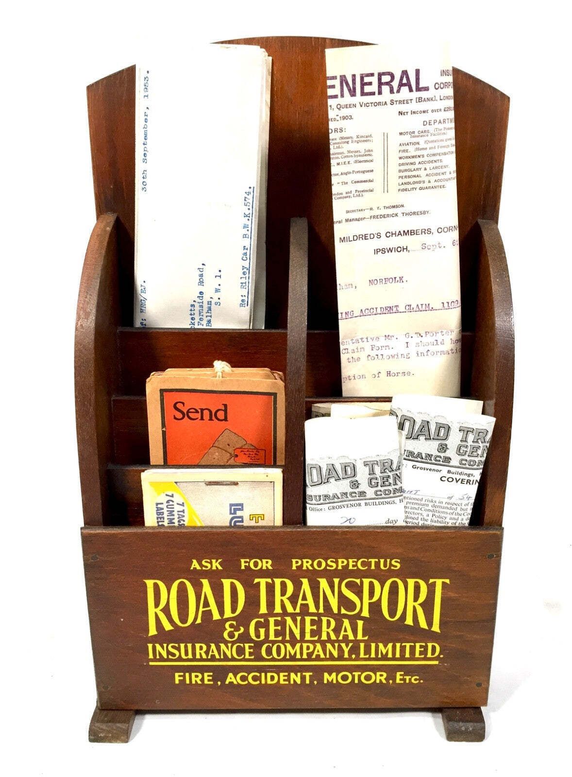 Antique Advertising Wooden Leaflet Holder Road Transport & General Insurance photo furniture