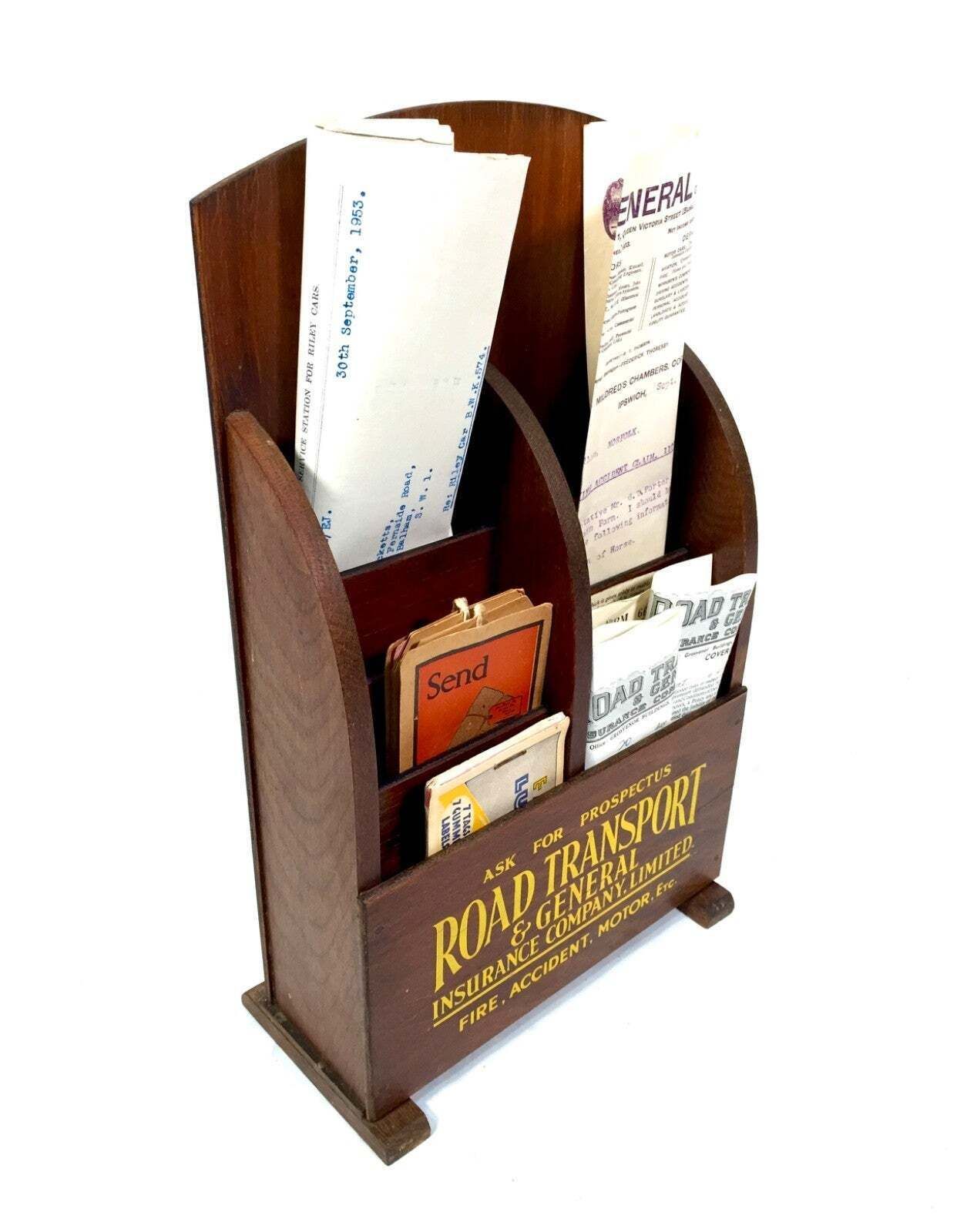 Antique Advertising Wooden Leaflet Holder Road Transport & General Insurance photo 189.0