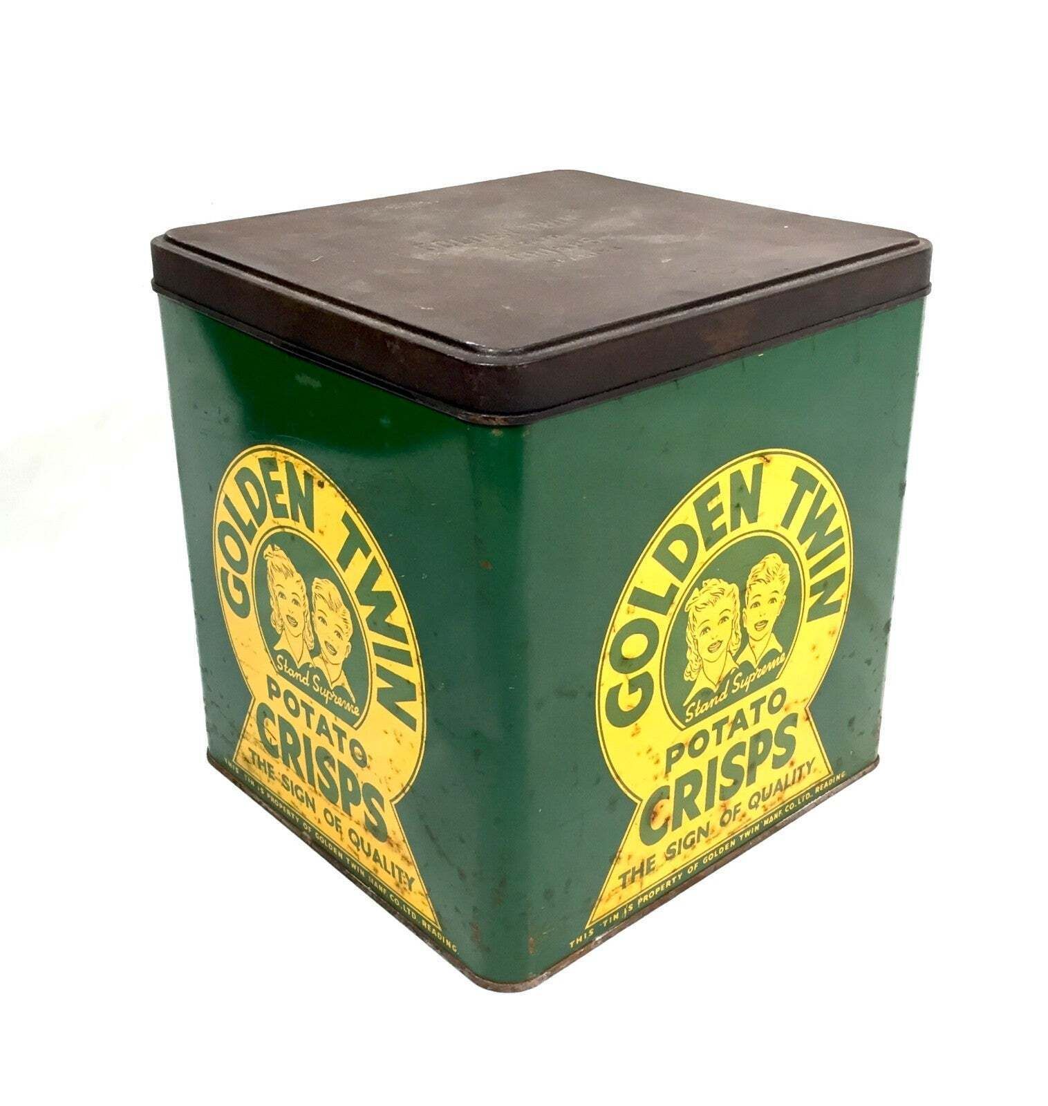 Antique Advertising Rare Shop Display Golden Twin Potato Crisps Tin C.1930